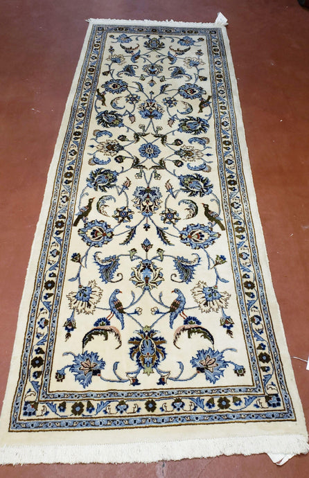 Vintage Persian Kashan Runner, 3 x 8 ft, Ivory & Light Blue, Birds, Wool, Hand-Knotted - Jewel Rugs