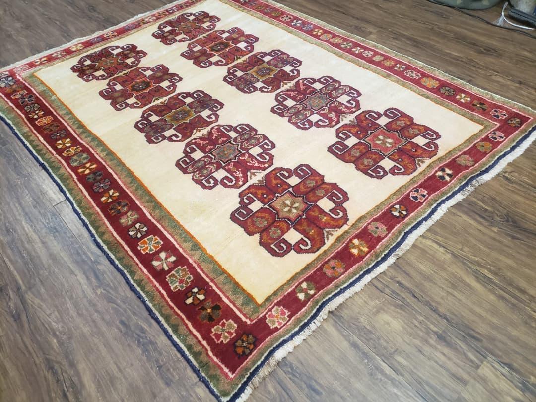 Vintage Persian Gabbeh Rug, Dark Red & Cream, Hand-Knotted, 5' x 6' 4" - Jewel Rugs