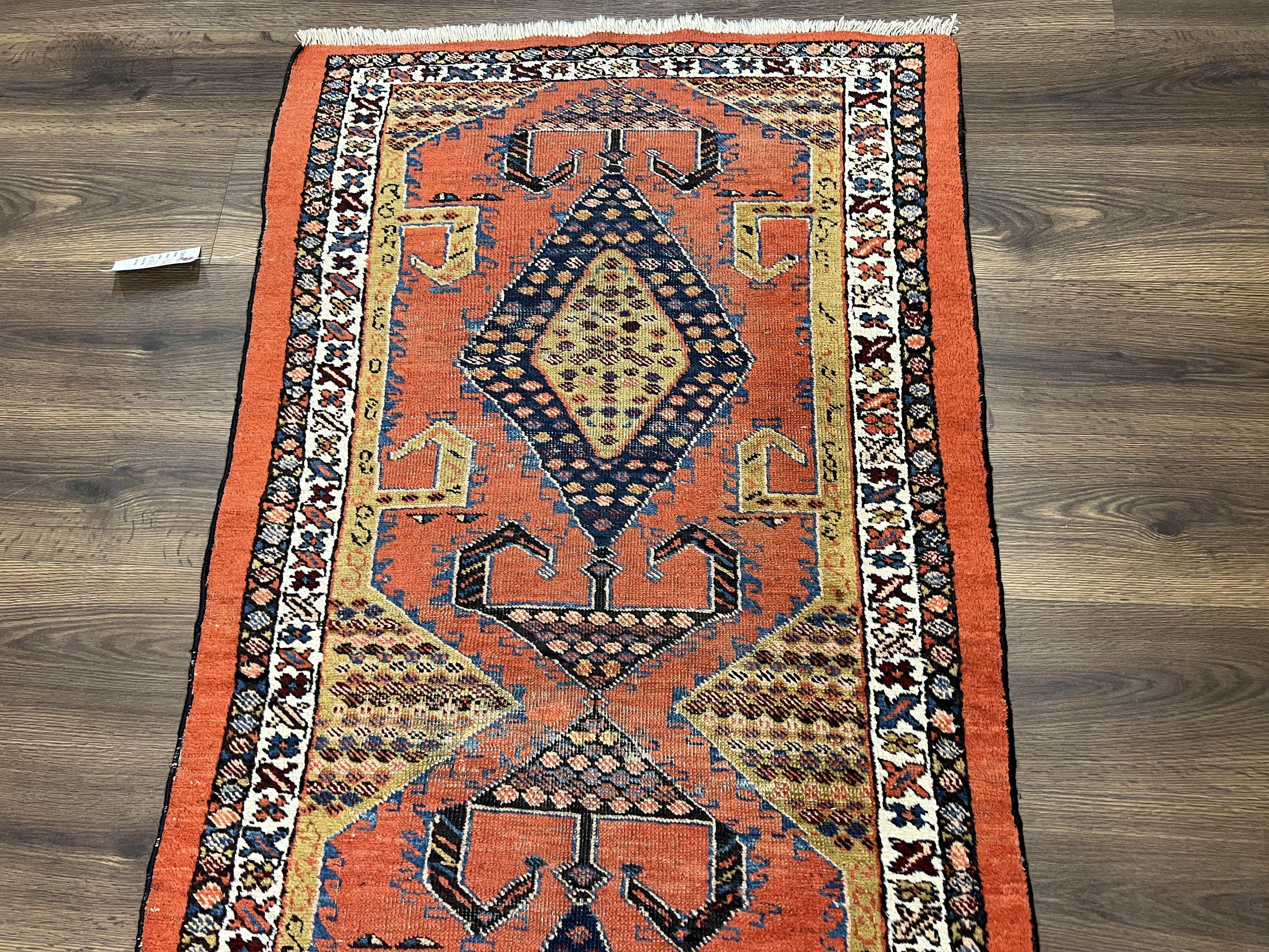 Rare Persian Tribal Runner Rug 3 x 11, Sarab Serab Persian Runner, Antique 1920s Collectible Geometric Medallions Oriental Wool Runner, Hand Knotted, Bright Orange-Red - Jewel Rugs