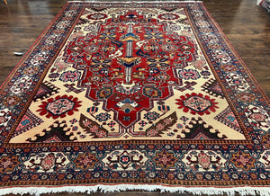 Antique Persian Heriz Rug 8x12 ft, Geometric Tribal Room Sized Carpet, Camel Hair Red Navy Blue, Wool Hand Knotted Medallion Oriental Carpet - Jewel Rugs