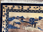 Antique Chinese Pictorial Rug 2.7 x 5, Chinese Village and Hills Carpet, Beige and Dark Blue, Handmade, Horizontal Rug Wall Hanging Tapestry - Jewel Rugs