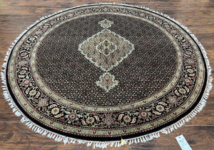 Round Oriental Rug 6.8 x 6.8 ft, Black and Beige Hand-Knotted Wool Indian Indo Persian Round Carpet, Herati Mahi Pattern, Vintage Round Rug - Jewel Rugs