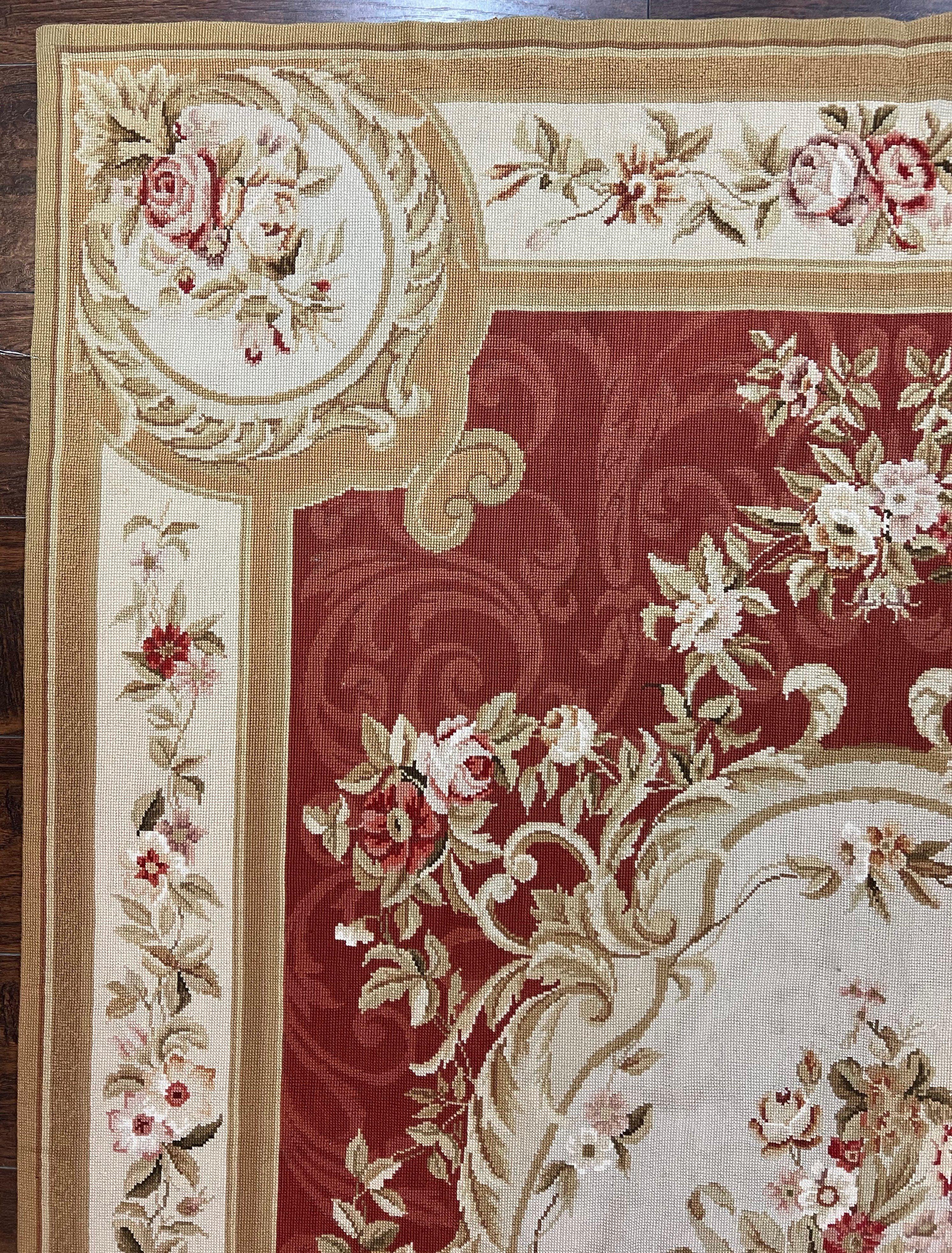 Aubusson Needlepoint Rug 5x8, Red Ivory Tan, Vintage Needlepoint Carpet 5 x 8 ft, Handmade Hand woven Wool, French European, Medium Size Rug - Jewel Rugs