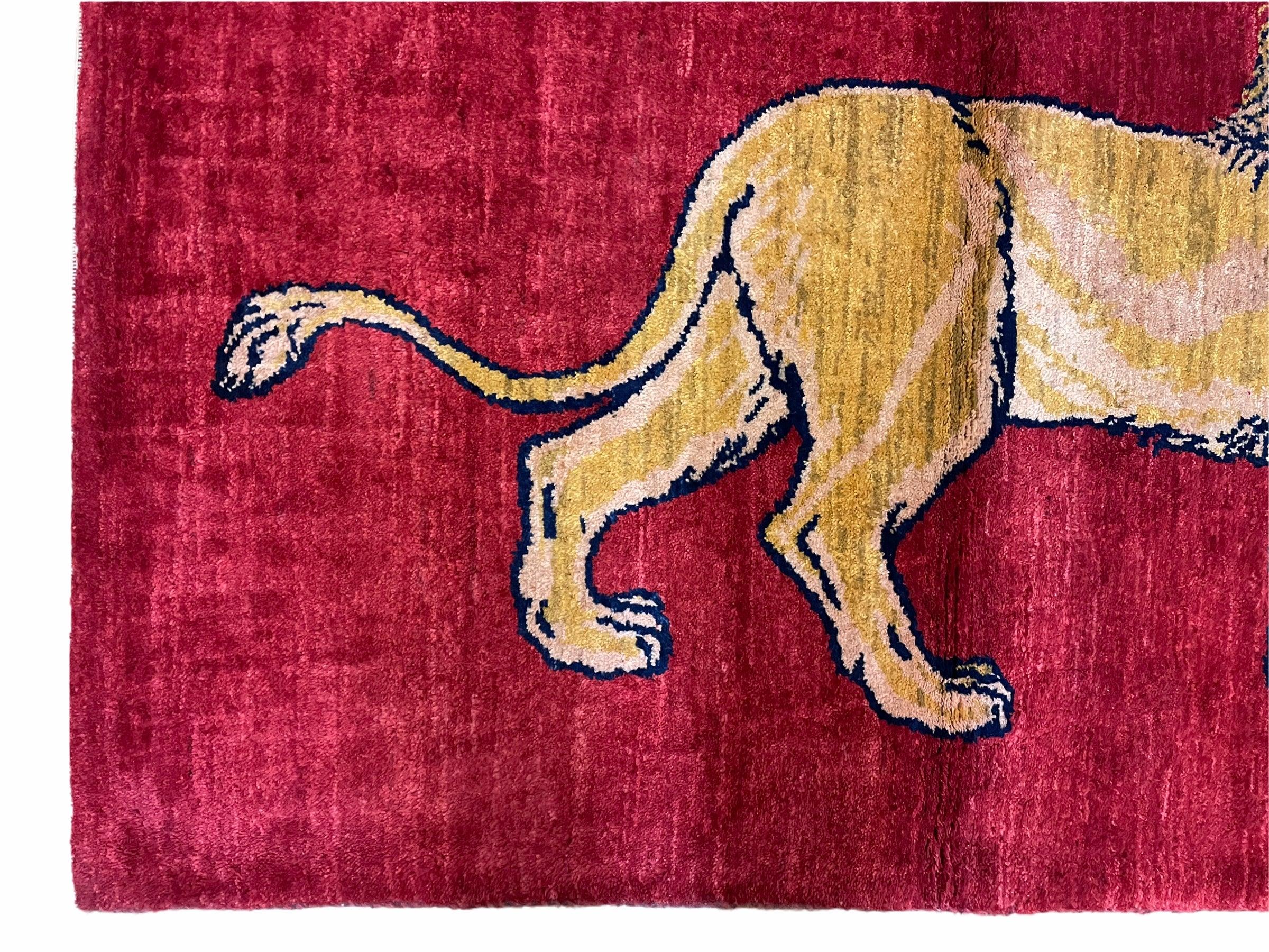 3 X 5 Handmade Hand-Knotted Rug Quality Wool Pictorial Lion Red Organic Dyes - Jewel Rugs