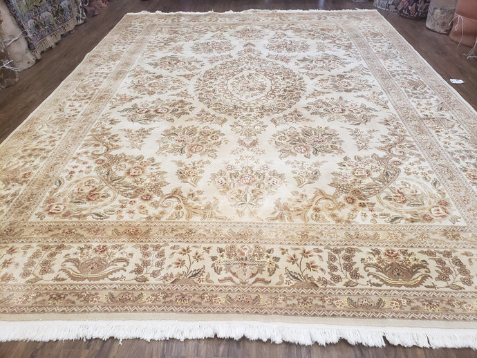 Vintage Rug 8x11- 9x11, Ivory and Tan Floral Carpet, Wool and Silk Rug, Sino Persian Rug, Elegant Dining Room Rug, Hand Knotted Oriental Rug - Jewel Rugs