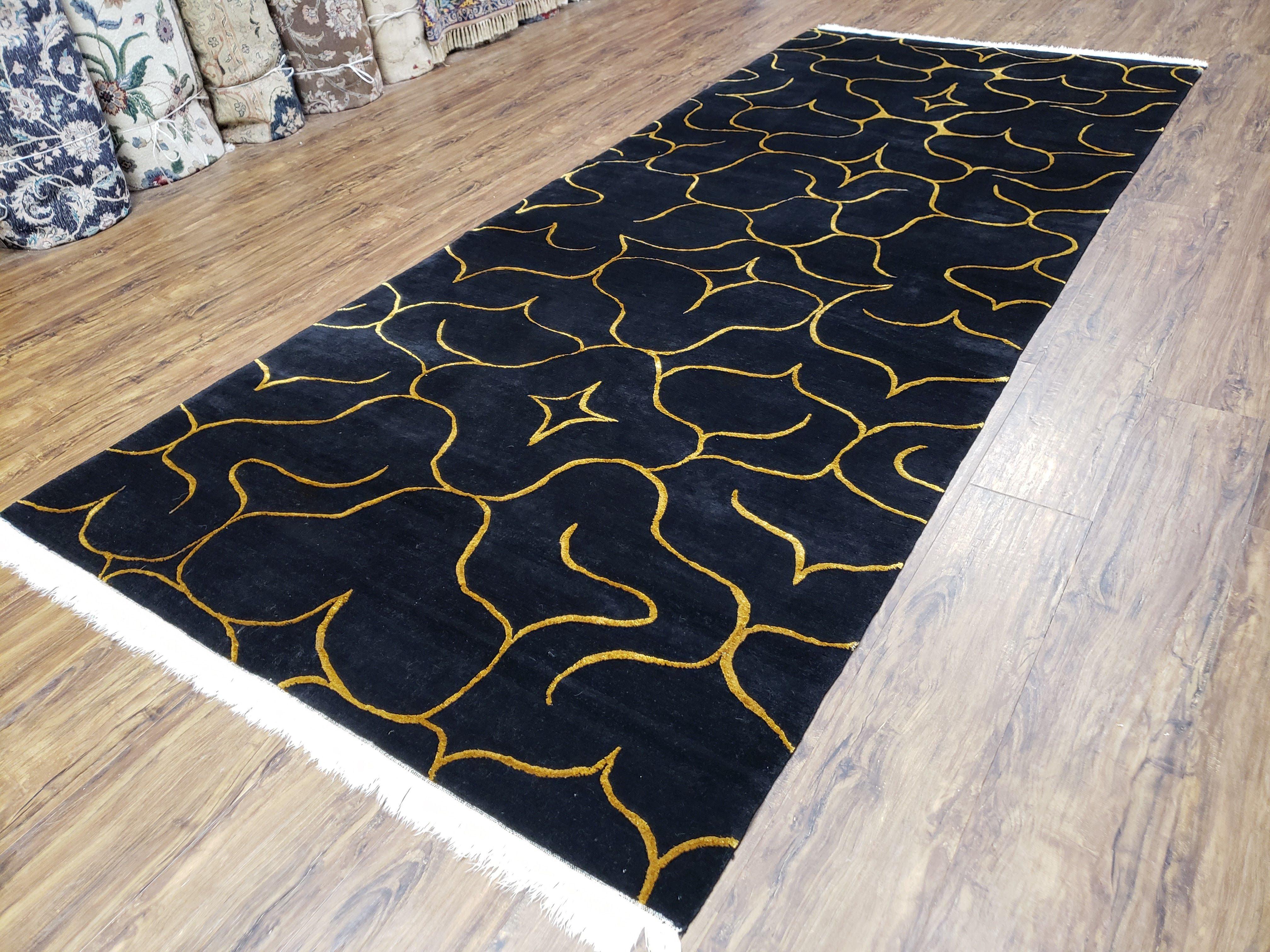 Black Tibetan Runner Rug, Wide Runner Rug, Black and Gold Rug, Handmade Carpet, 4.5 x 10 Rug, Wool and Silk Rug, Modern Tibetan Rug Abstract - Jewel Rugs