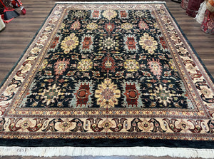 Indo Persian Mahal Rug 9x12, Dark Green and Cream Hand Knotted Wool Oriental Carpet, Floral Allover, Vintage Traditional Handmade Room Sized - Jewel Rugs