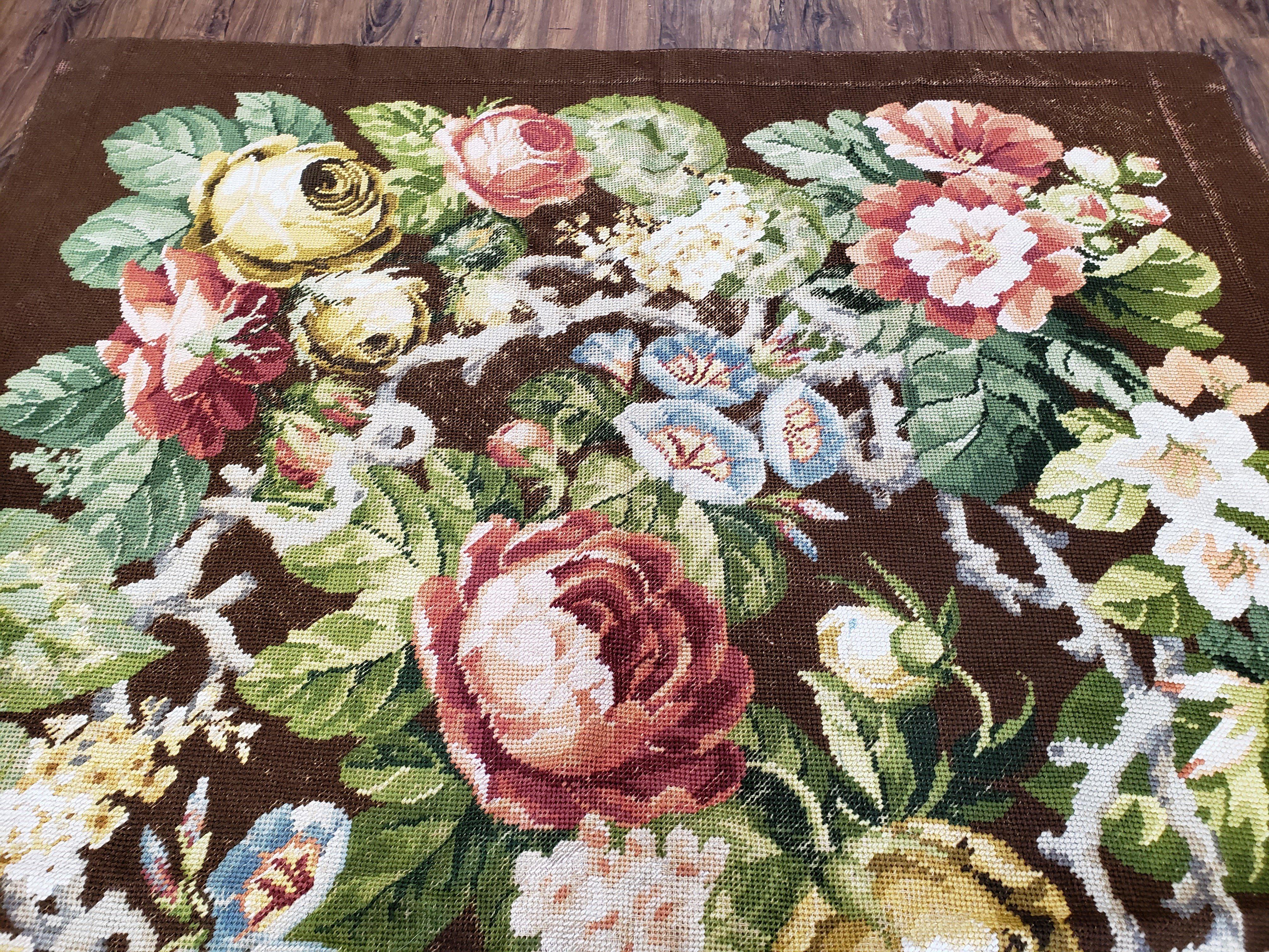Floral Needlepoint Rug, Medium Rug, Vintage Area Rug, Handmade Flat Weave Rug, Dark Brown Rug, Multicolor Large Colorful Flowers, 5x8 - 6x8 - Jewel Rugs