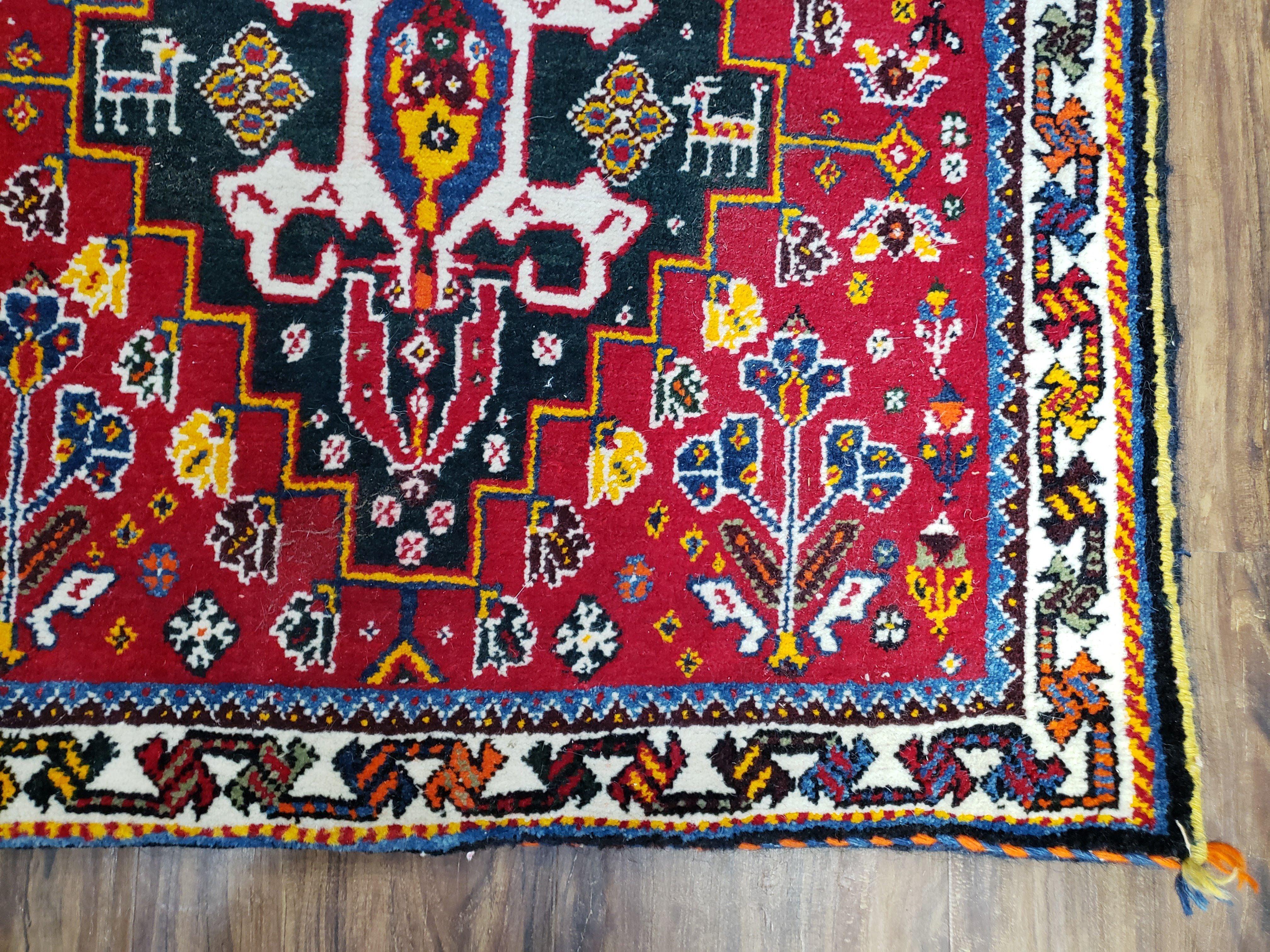 Antique Persian Tribal Qashqai Double Seat Cushions Bag, Red, Hand-Knotted, 2'6" x 4' 10", Nomadic Tribal Collectible Rug, Hand Knotted, Wool - Jewel Rugs