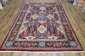 Vintage Indian Area Rug, Persian Design, Hand-Knotted Wool Carpet, Red Indo-Kirman Panel Design Rug, Birds, Floral, 6x9 Rug - Jewel Rugs