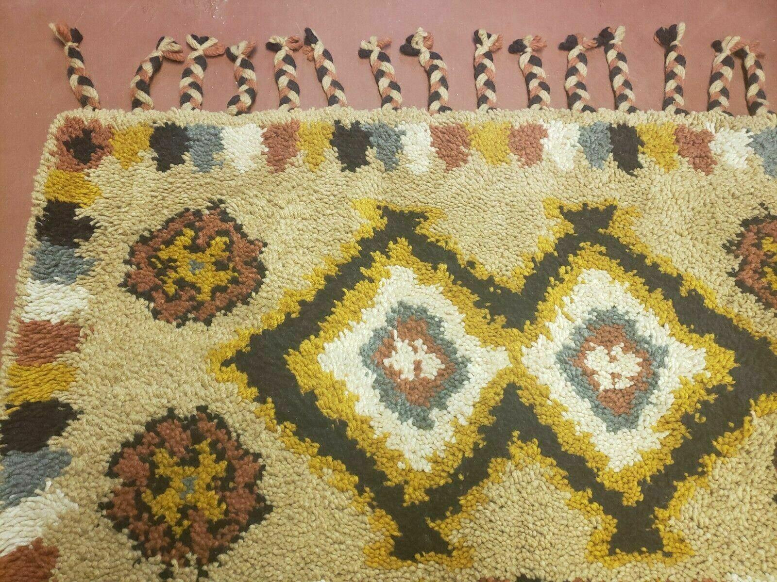 Portuguese Rya Style Shag Rug Moroccan Design, 4x6 Vintage Colorful Geometric Rug, Handmade Wool Gold Tan, Soft Pile Rug - Jewel Rugs