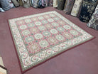 9x9 Square Rug Hand Knotted, Needlepoint Aubusson Carpet, Blush Red, Beige, Green, New, Mint Condition Area Rug, English European Design - Jewel Rugs