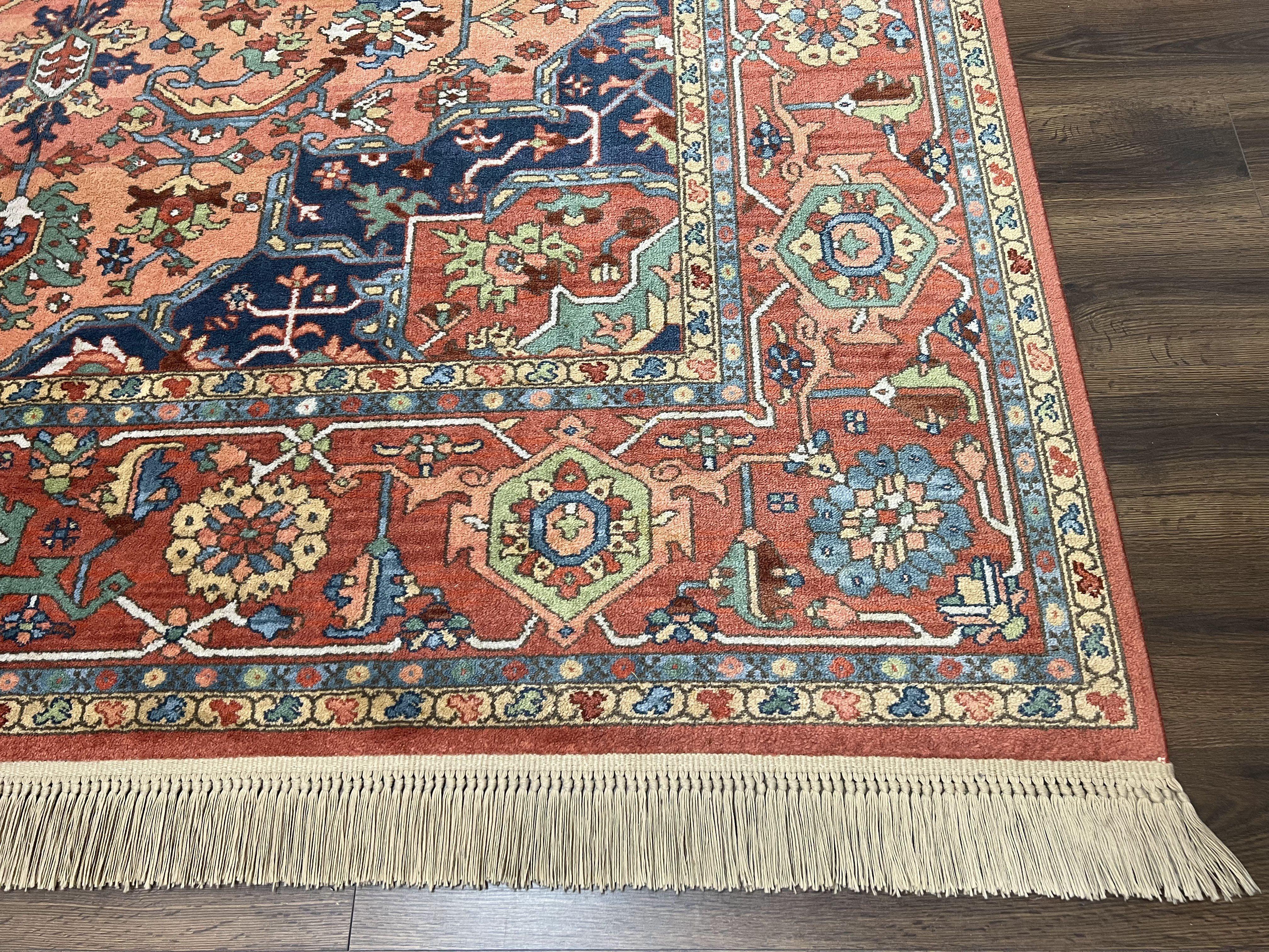 Karastan Medallion Serapi Rug #736, Vintage Wool Karastan Carpet 8.8 x 12, Discontinued Original 700 Series Karastan Area Rug, Red Blue - Jewel Rugs