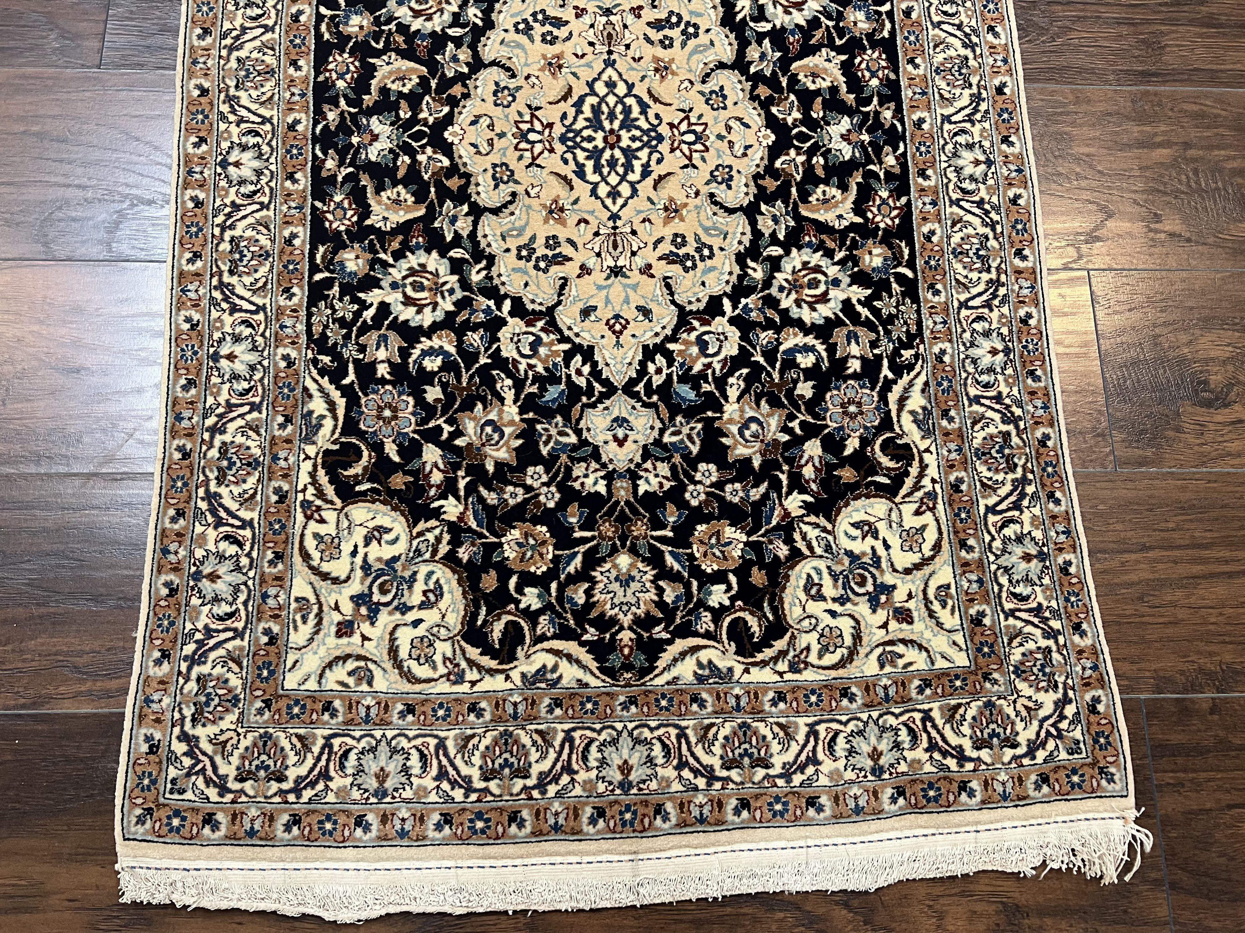 Fine Vintage Persian Nain Rug 2.8 x 4.2, Floral Medallion, Navy Blue and Cream, Highly Detailed, Small Oriental Rug 2.5 x 4, Hand Knotted Wool & Silk Accents - Jewel Rugs