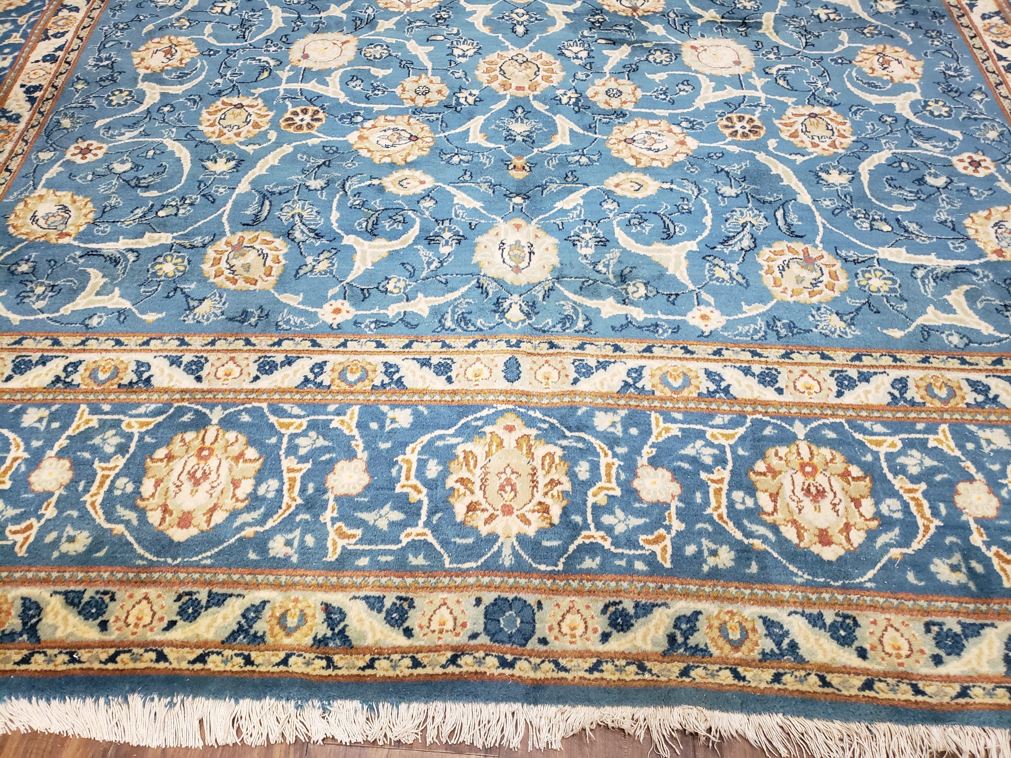 Semi Antique Persian Kashan Rug, Afshan Design, Blue and Ivory, Hand-Knotted, Wool, 8'9" x 12' 6" - Jewel Rugs