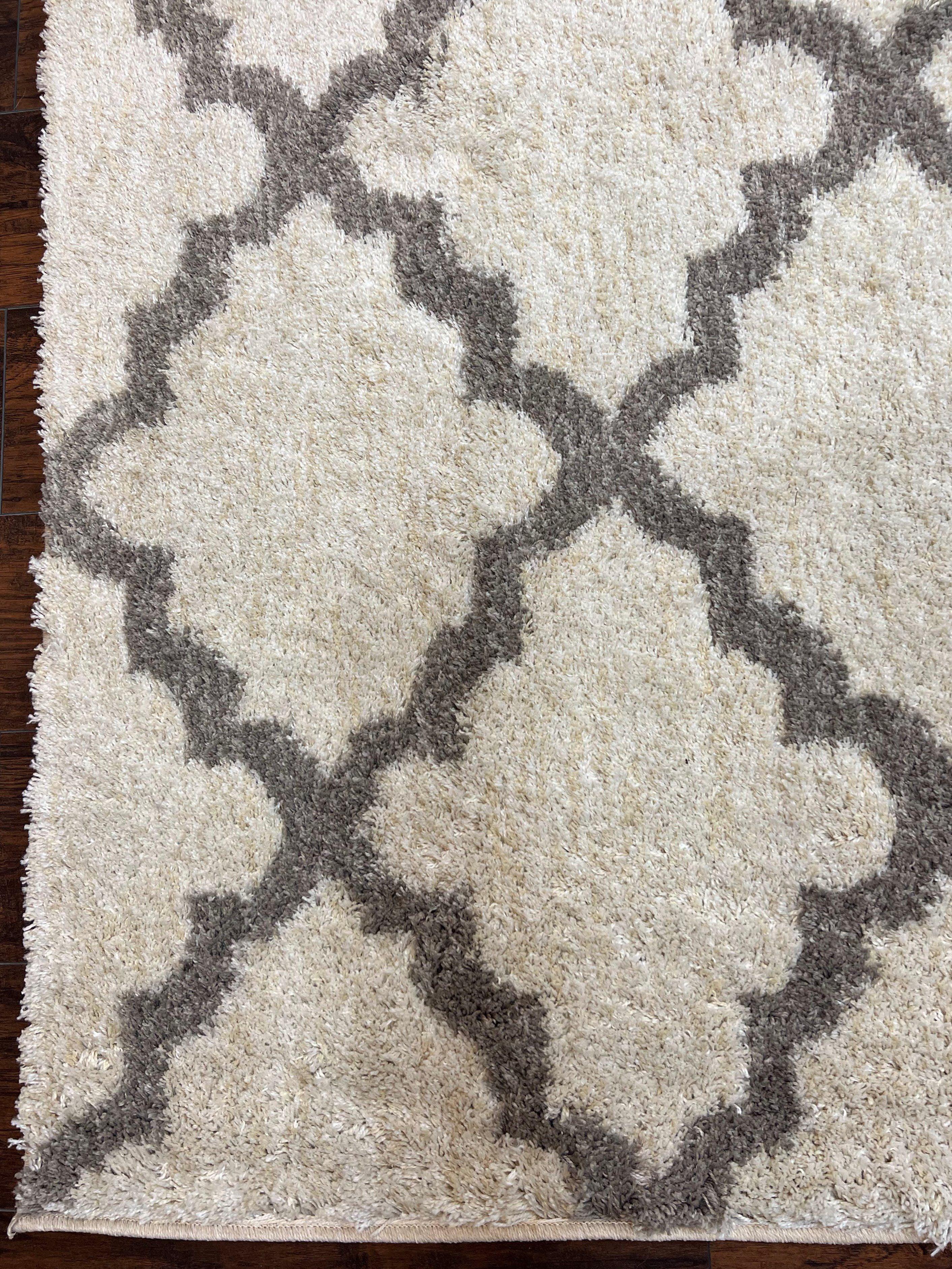 Modern Shag Rug, Ivory and Gray, Diamond Panel Design, Room Sized Area Rug - Jewel Rugs