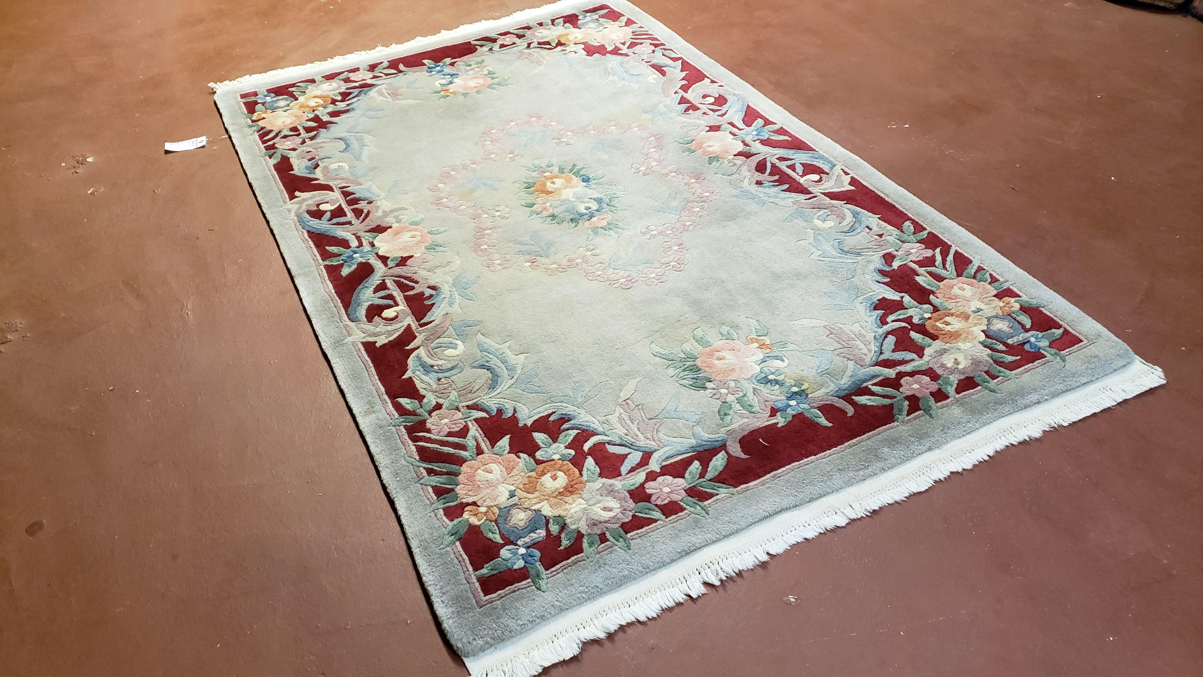 Gray & Red Chinese Art Deco Rug, 4x6 Vintage Chinese Carpet, 4 x 6 Hand Knotted Vintage Wool Rug with Flowers, 4 by 6 Area Rug - Jewel Rugs