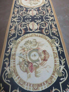 2' 7" X 14' Handmade French Garden Aubusson Needlepoint Rug Flat Weave Runner Black and Beige - Jewel Rugs