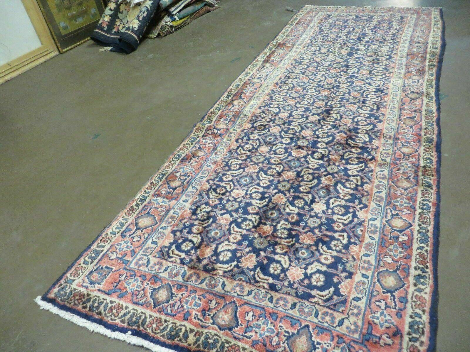 3'7" X 10' Antique Handmade India Floral Oriental Wool Runner Rug Organic Blue - Jewel Rugs