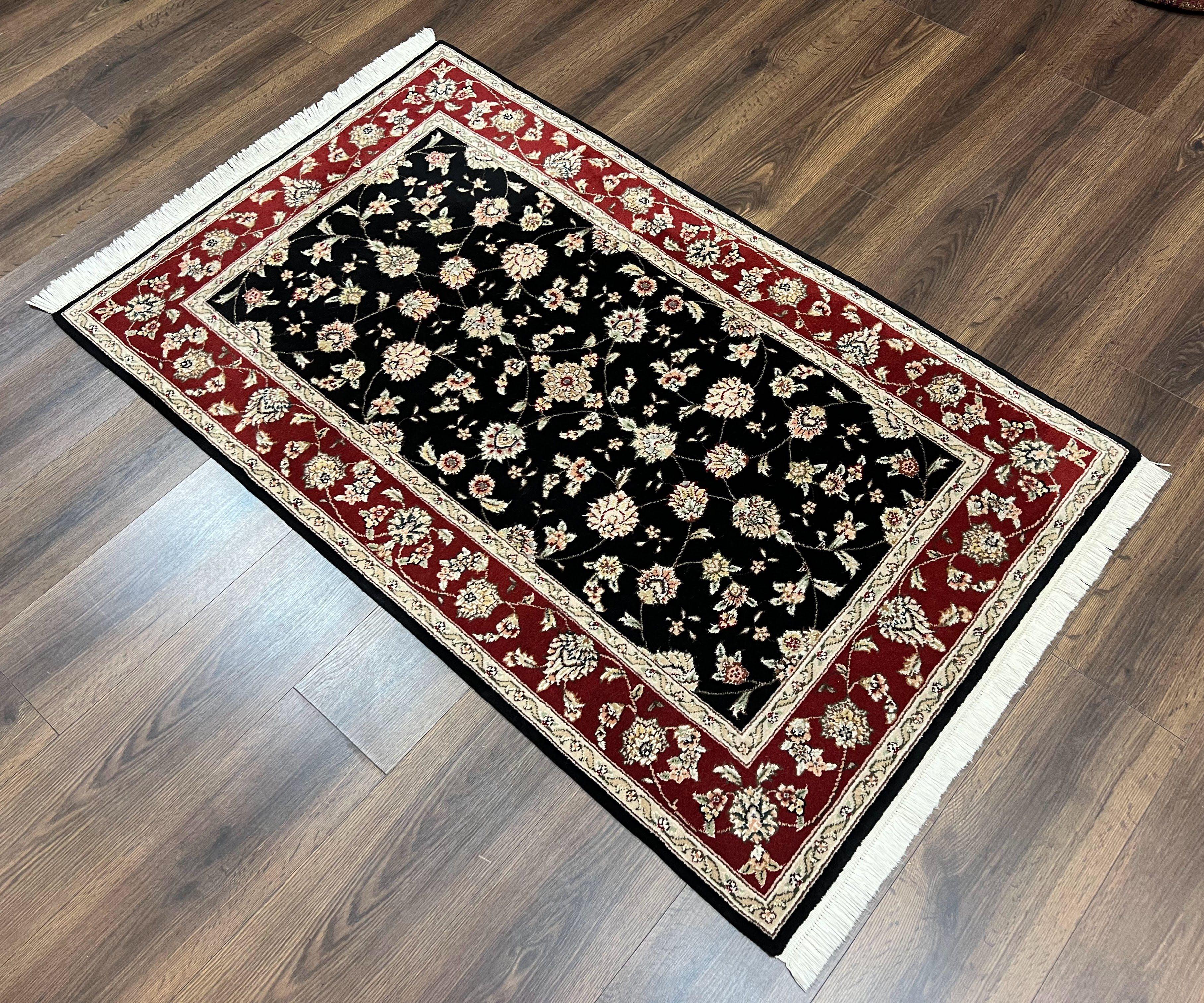 Pak Persian Rug 3x5, Black and Red, Floral Allover, Vintage Hand Knotted Wool Oriental Carpet, Pakistani Rug, Small Handmade Area Rug 3 x 5 - Jewel Rugs