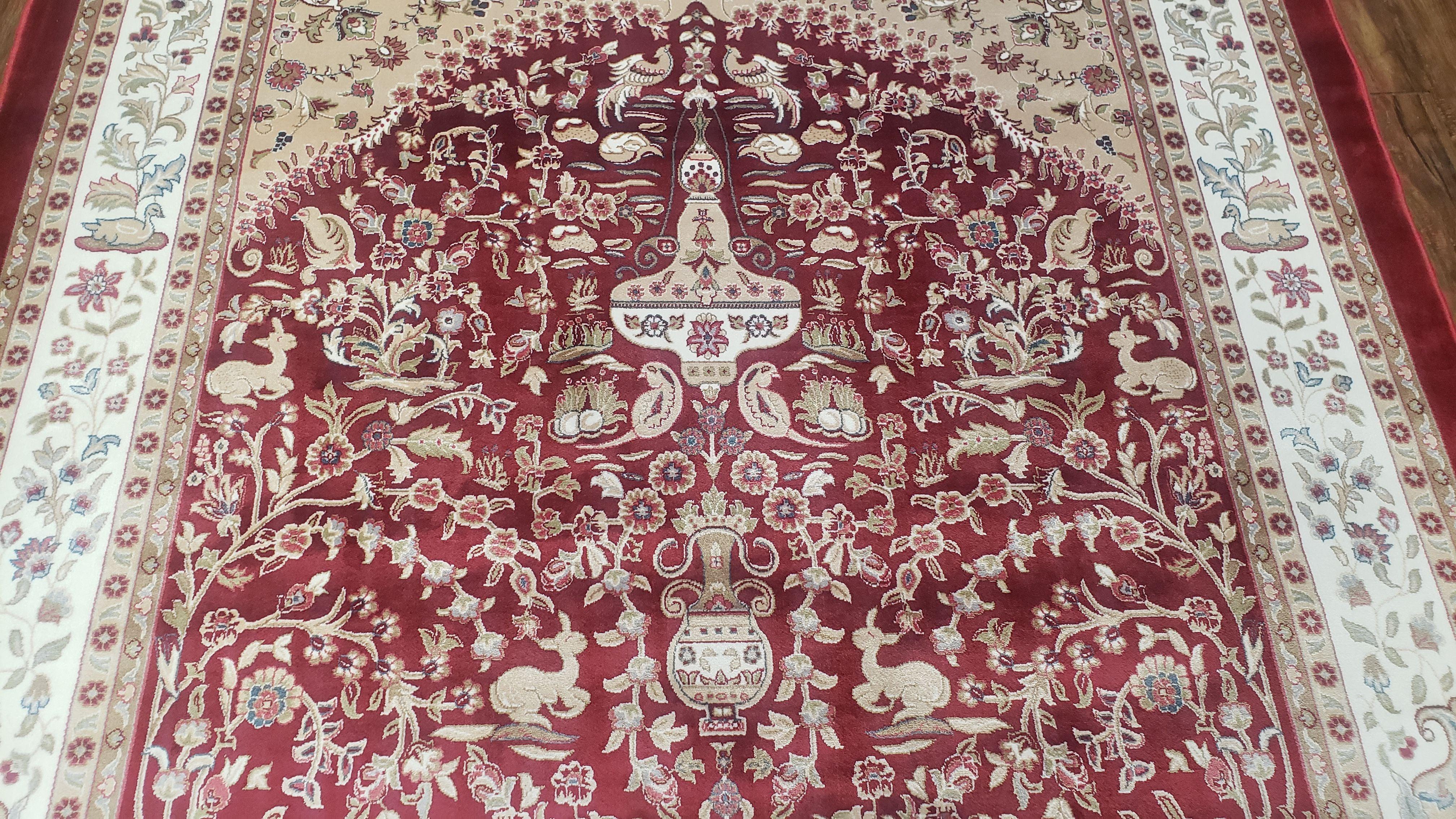 Silk Carpet 4x6 Dark Red & Cream, Tree of Life Rug, Animal Motifs, Birds Deer Rabbits, All Bamboo Silk, 4 x 6 Silk Area Rug - Jewel Rugs