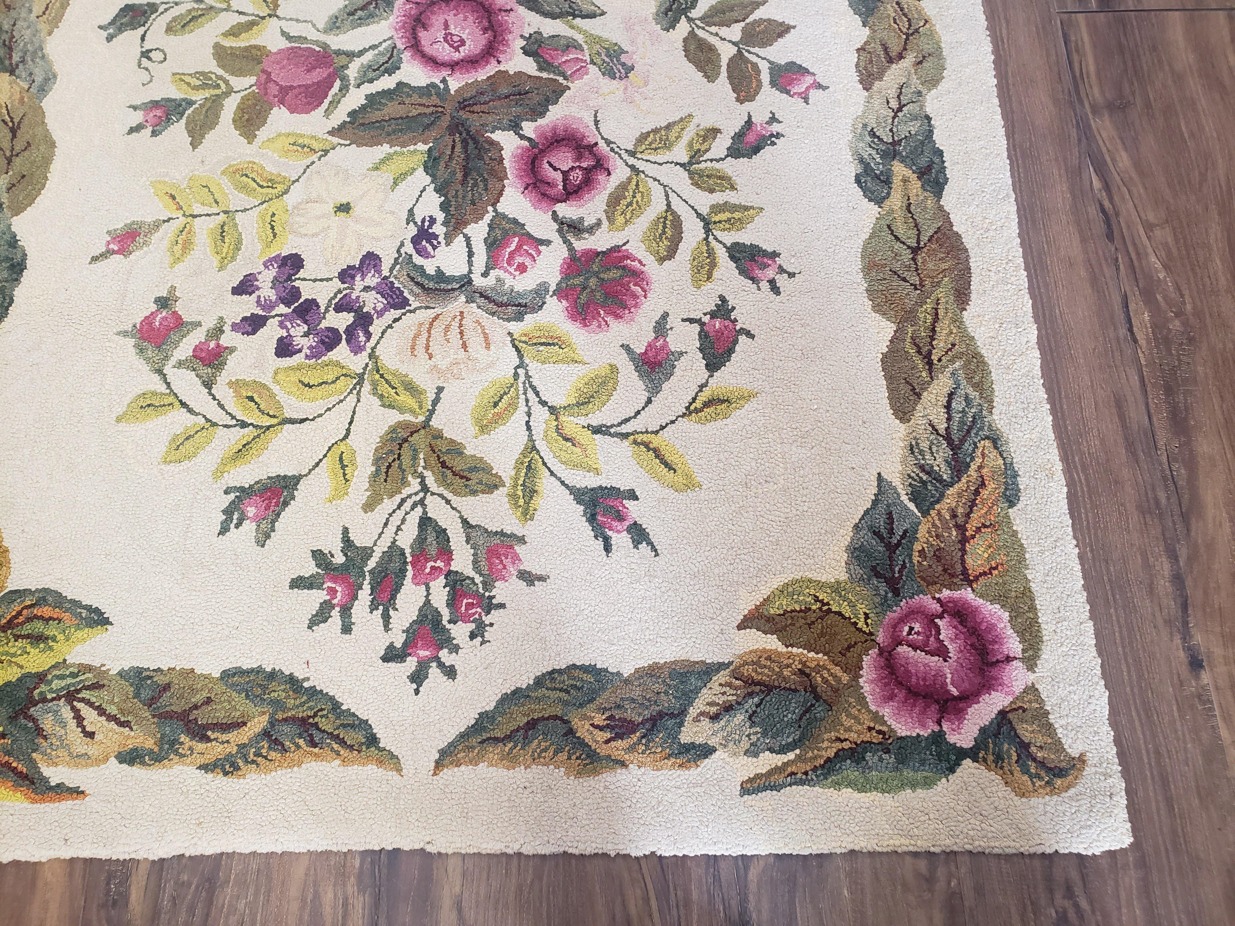 Vintage American Hooked Area Rug 3 x 5.6, Handmade Ivory 3x5 - 3x6 Floral Roses Flower Wool Carpet, Entryway Rug, Pair B - Jewel Rugs