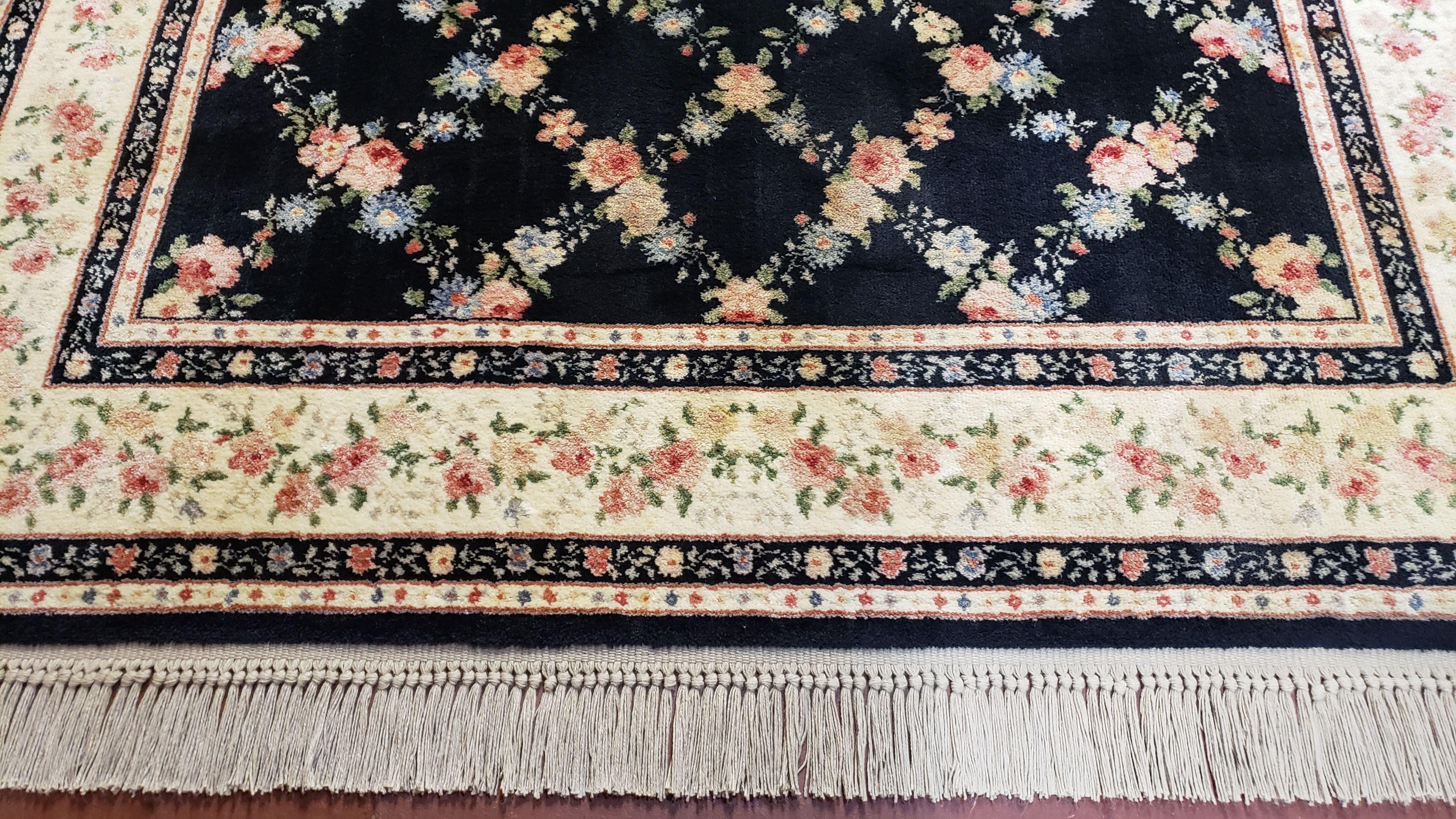 6x9 Karastan Rug, Garden of Eden Collection, 5.9 x 9 Karastan Carpet, Ebony Trellis Pattern 509/1270, Black Wool USA Vintage Area Rug - Jewel Rugs