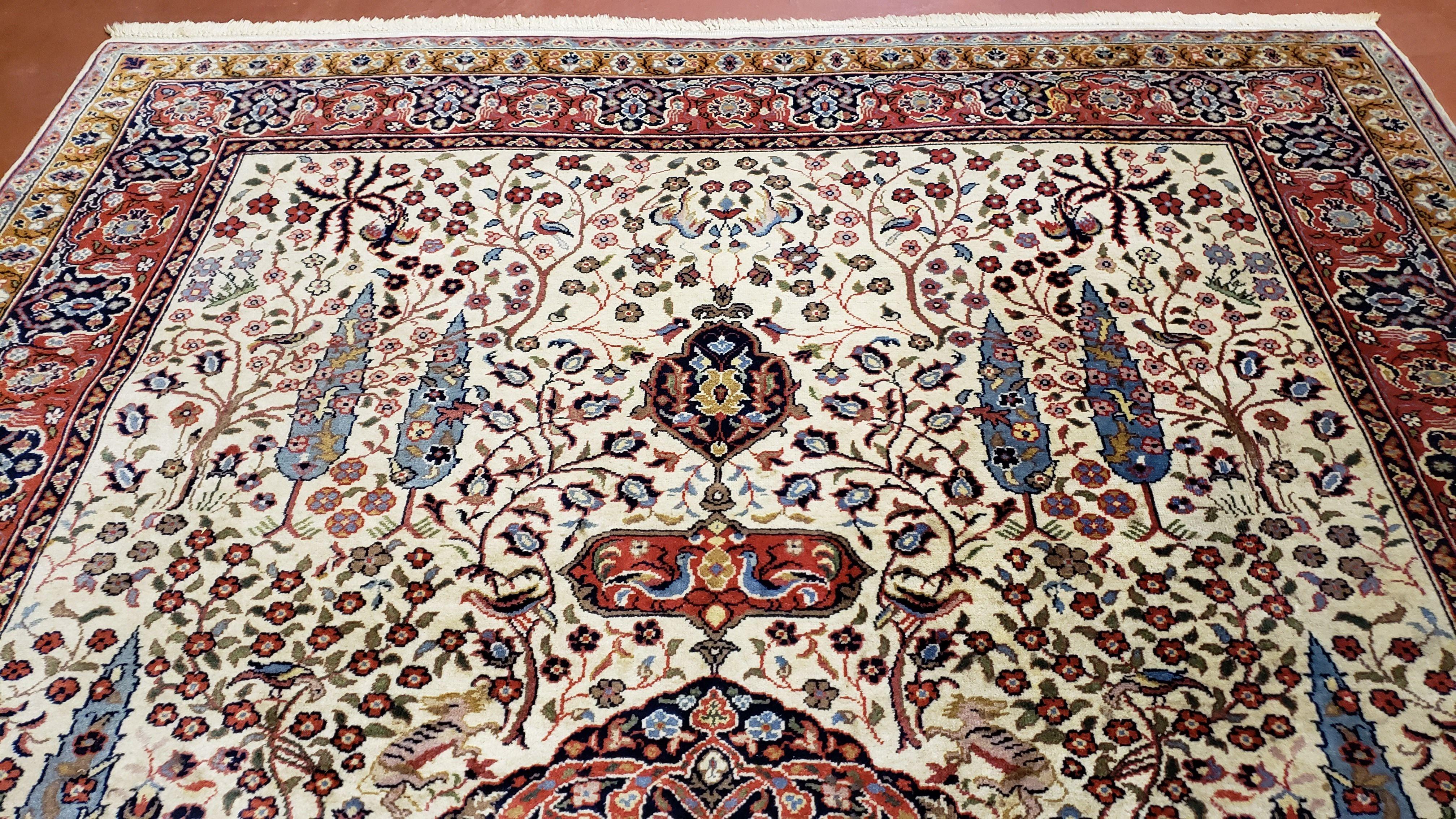 6' 6" x 10' Indian Floral Carpet Pine Tree of Life Highly Detailed Birds Animals Vintage Wool Beige Hand-Knotted Traditional Indo-Persian - Jewel Rugs