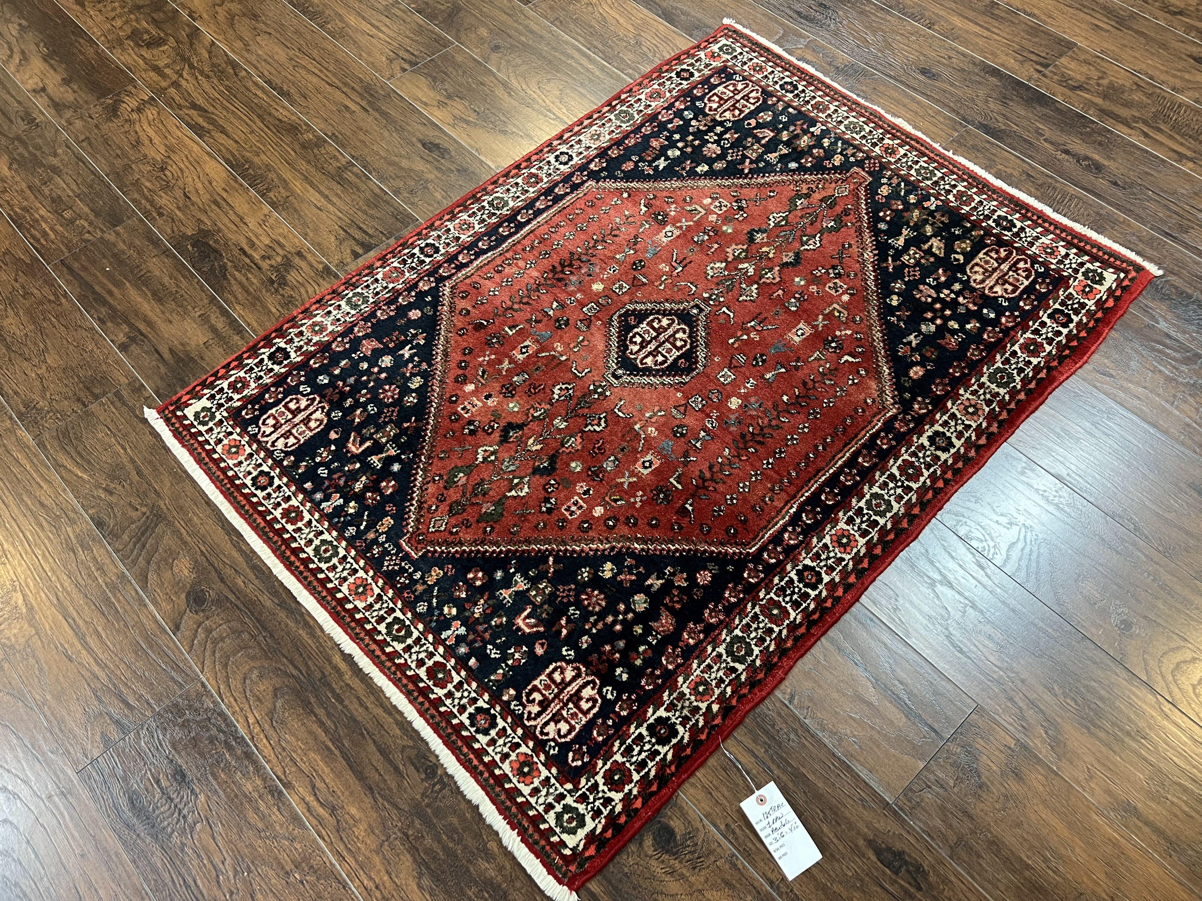 Persian Tribal Rug 3.6 x 5 ft, Persian Abadeh Rug, Geometric Medallion Bird Motifs, Red and Navy Blue Hand Knotted Handmade Wool Vintage Oriental Carpet - Jewel Rugs