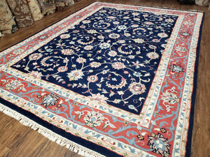 Vintage Indian Rug, Allover Floral Oriental Rug, Hand-Knotted, Wool, Dark Blue & Red, Indo Persian Rug, Allover Pattern, 8x11 Rug - Jewel Rugs
