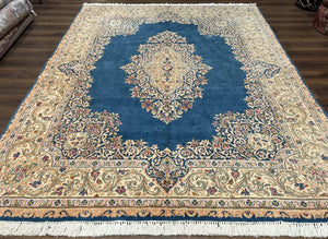 Persian Kirman Rug 8x10, Vintage Oriental Carpet, Wool Handmade Rug, Sky Blue Beige, Signed Area Rug, Semi Open Field Floral Medallion Rug - Jewel Rugs