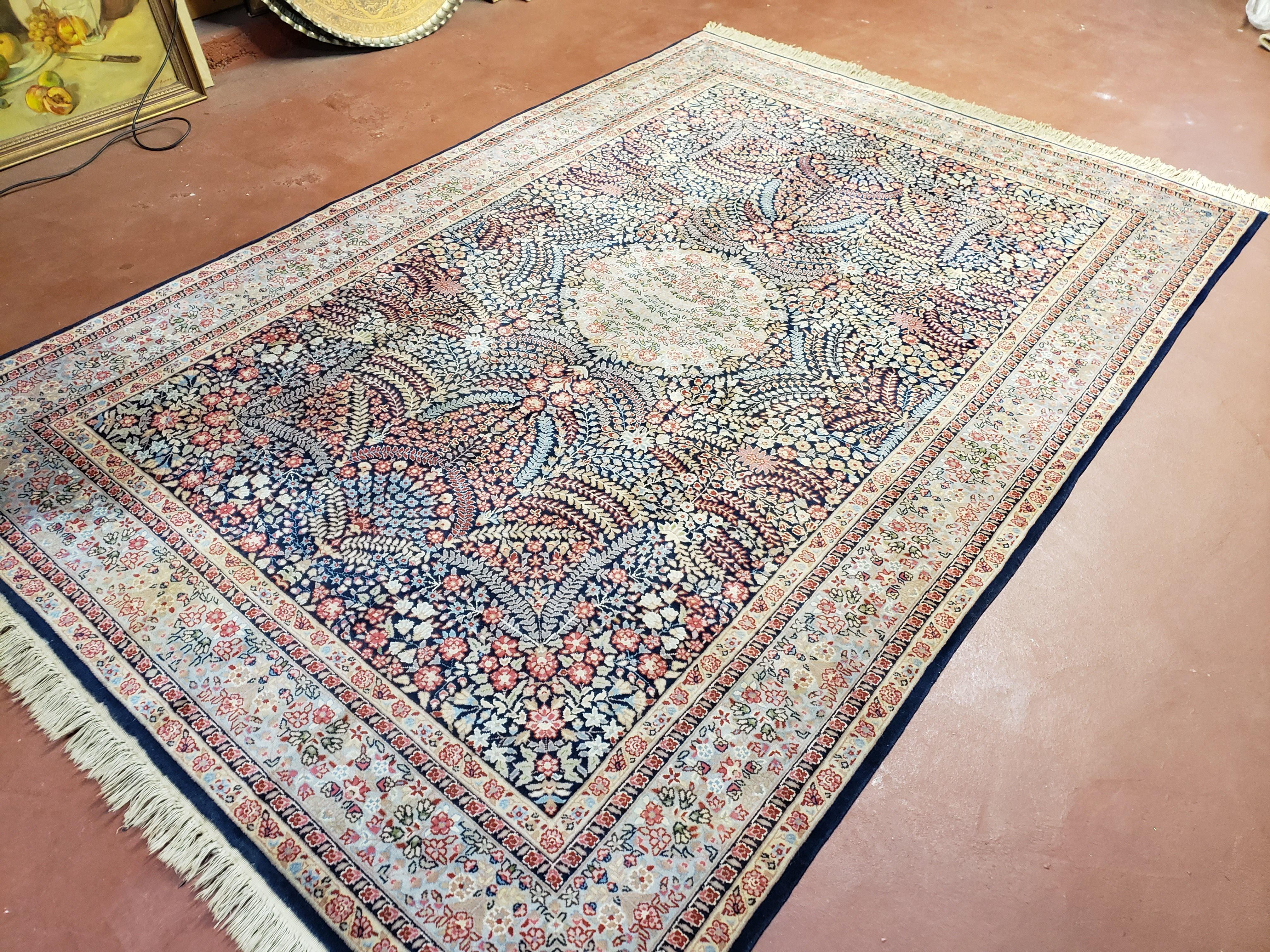 6x9 Turkish Royal Kirman Rug Highly Detailed Vintage Wool Carpet Dark Blue Light Blue Pink Floral Allover Pattern Finely Woven Nice - Jewel Rugs