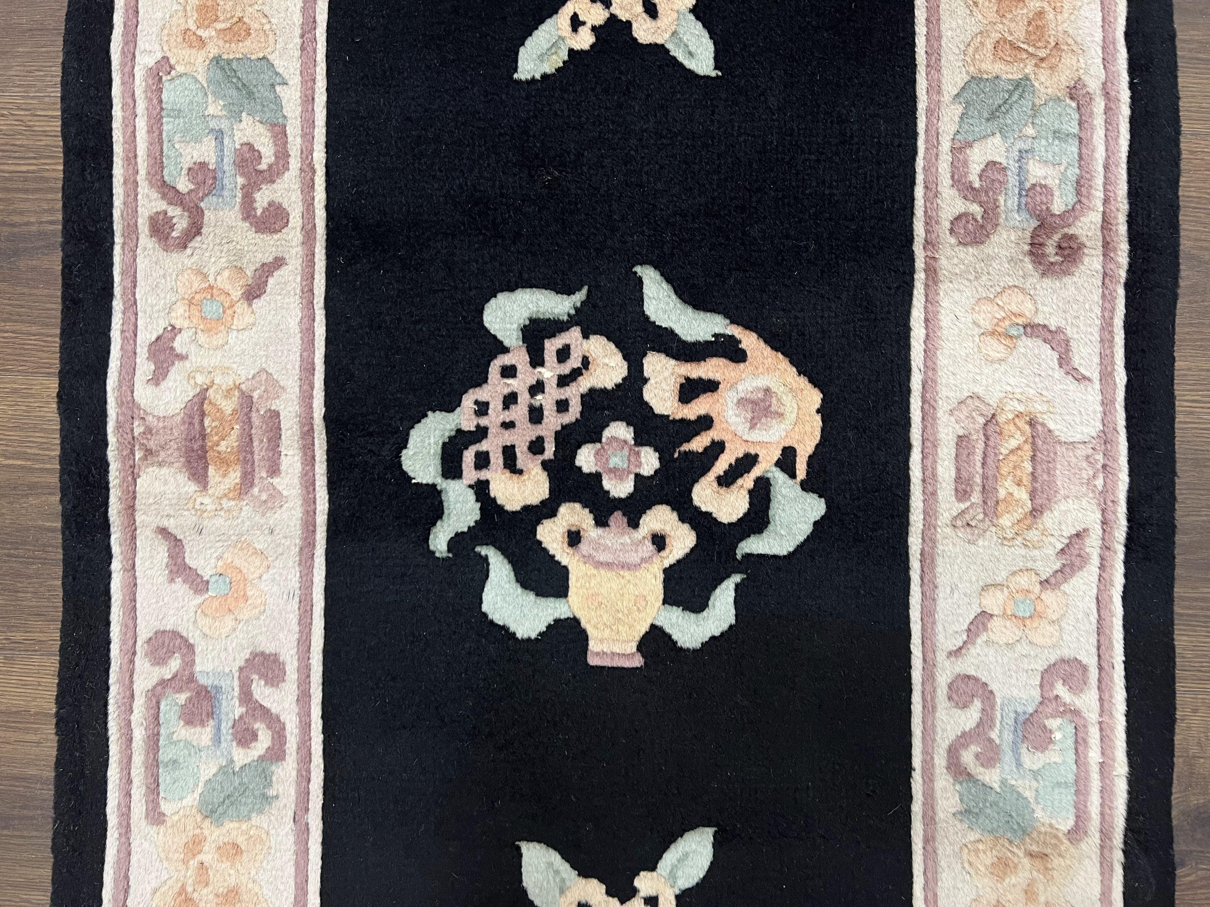 Small Chinese Wool Rug 2.6 x 4.7, Black Asian Oriental Rug, Floral Vases Vintage 1960s Handmade Carpet, 3x5 Art Deco Rug, 90 Line Rug - Jewel Rugs