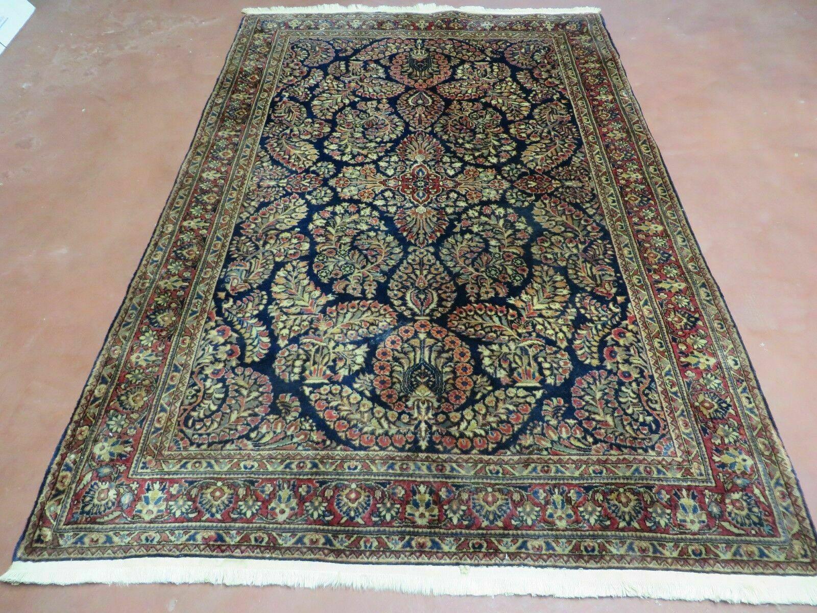 Antique Persian Sarouk Rug 4x6, Hand Knotted 1920s Oriental Carpet 4 x 6 ft, Navy Blue and Red Wool Rug, Handmade Floral Allover Persian Area Rug - Jewel Rugs