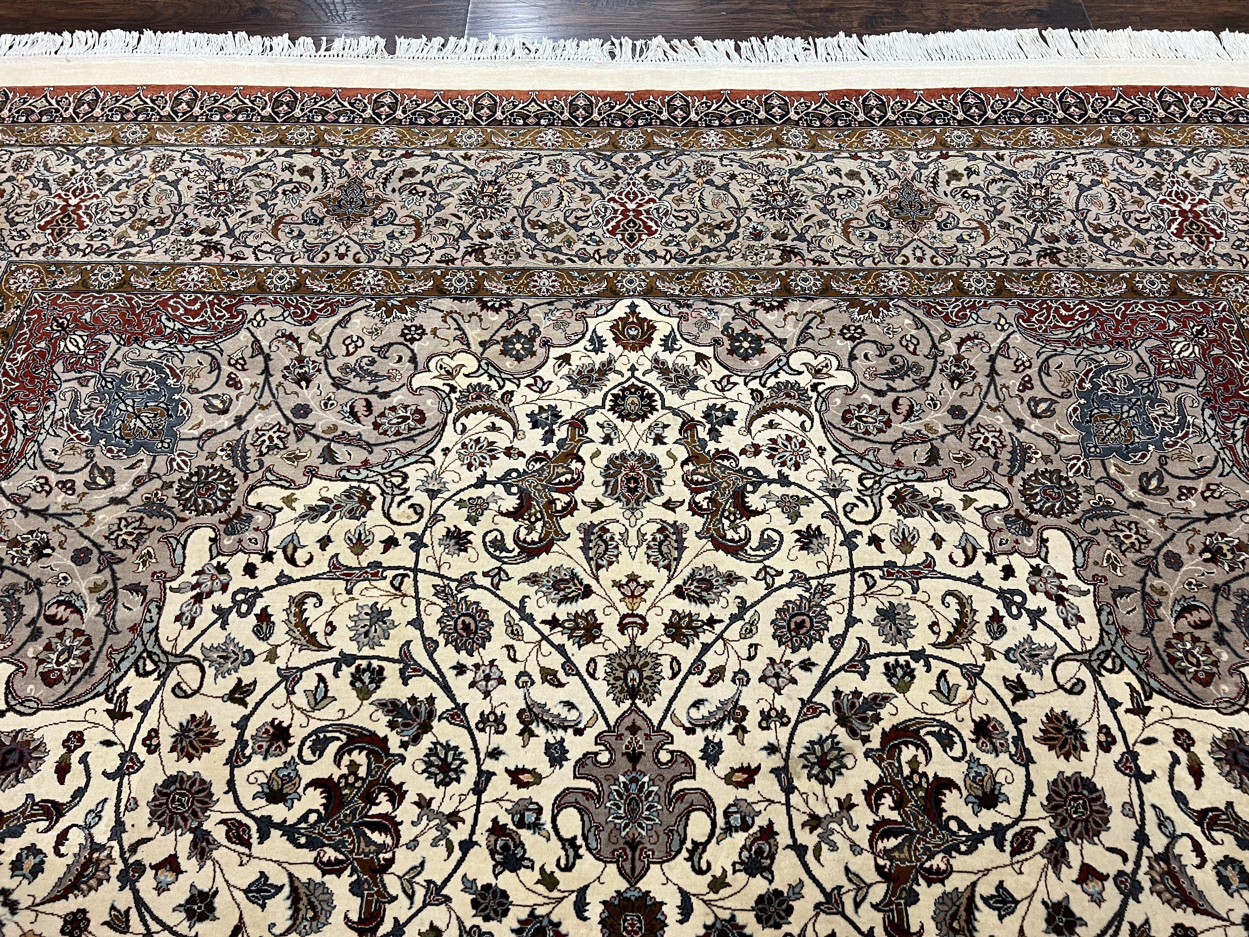 Beautiful Pak Persian Rug 10x13, Floral Medallion, Highly Detailed, Ivory/Cream Gray, Hand Knotted Pakistani Fine Oriental Carpet 10 x 13 ft - Jewel Rugs