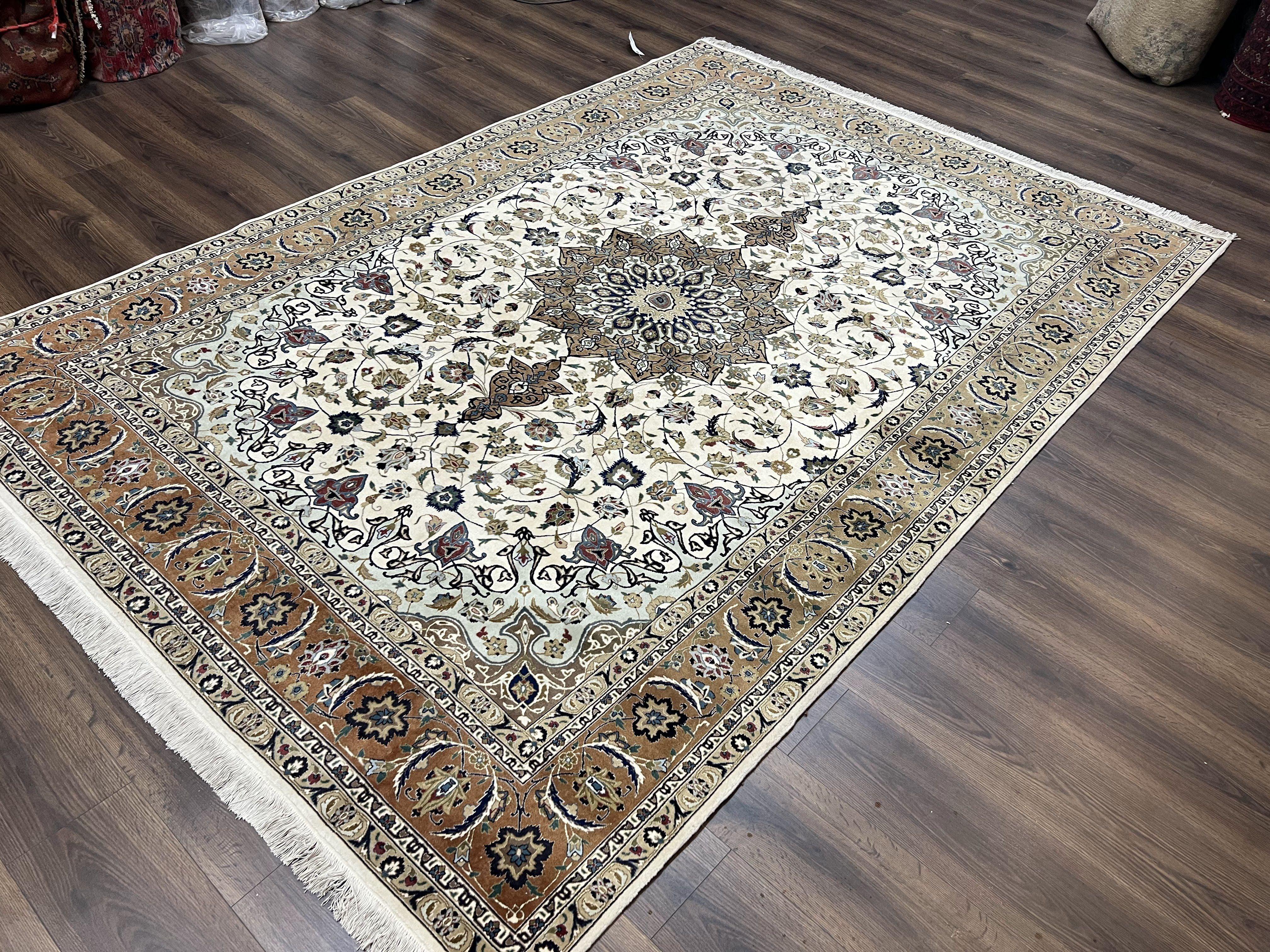 Wonderful Persian Rug 7x10, Floral Medallion, Very Fine Persian Tabriz Oriental Carpet, Vintage, Ivory/Cream, Hand Knotted Rug, Room Sized Rug, Traditional - Jewel Rugs