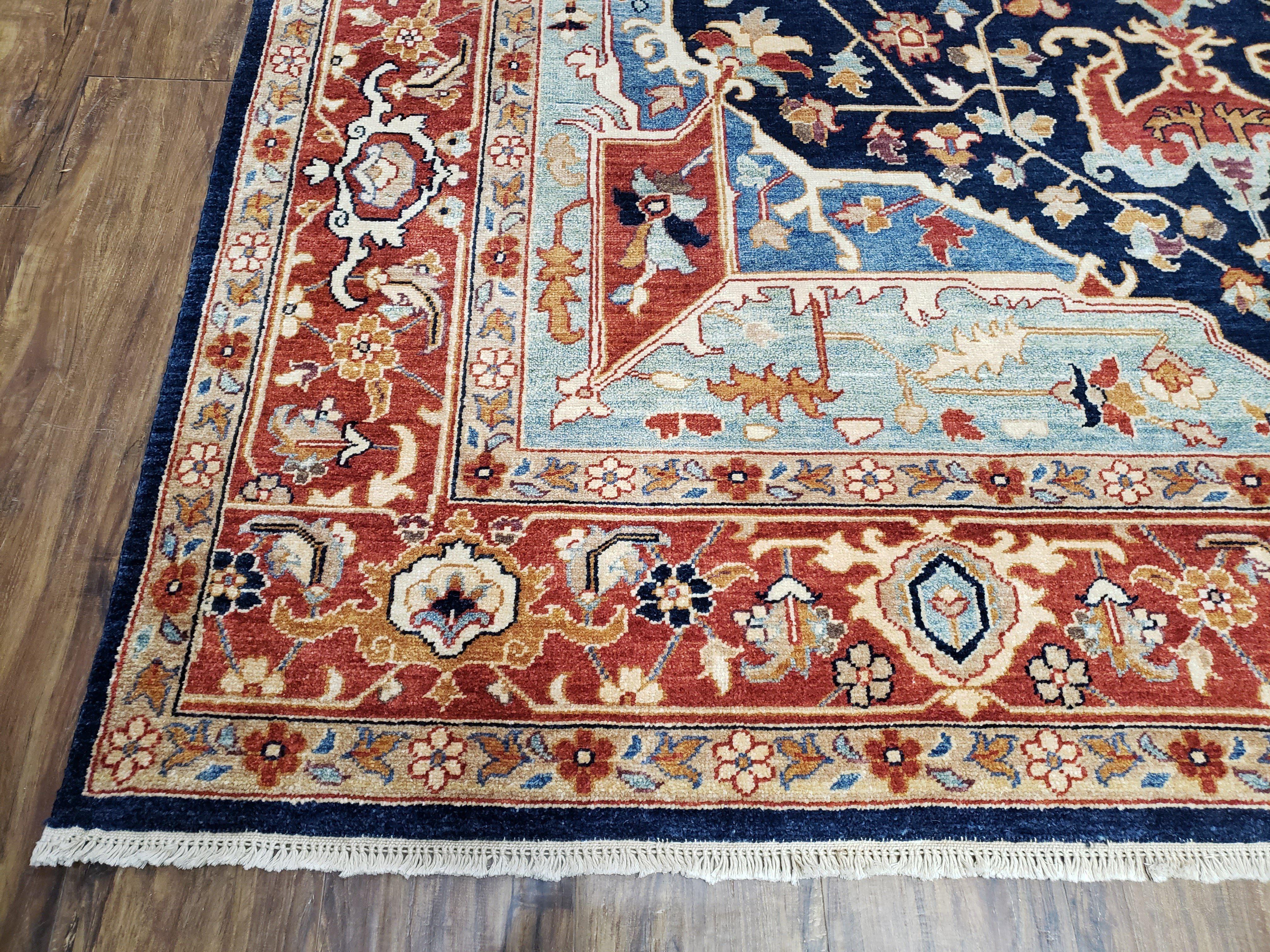 Safavieh Samarkand Heriz Rug 8x9 ft, Colorful Serapi Room Sized Hand-Knotted Wool Carpet, Tribal Rug, Vintage Oriental Rug, Navy Blue & Red - Jewel Rugs