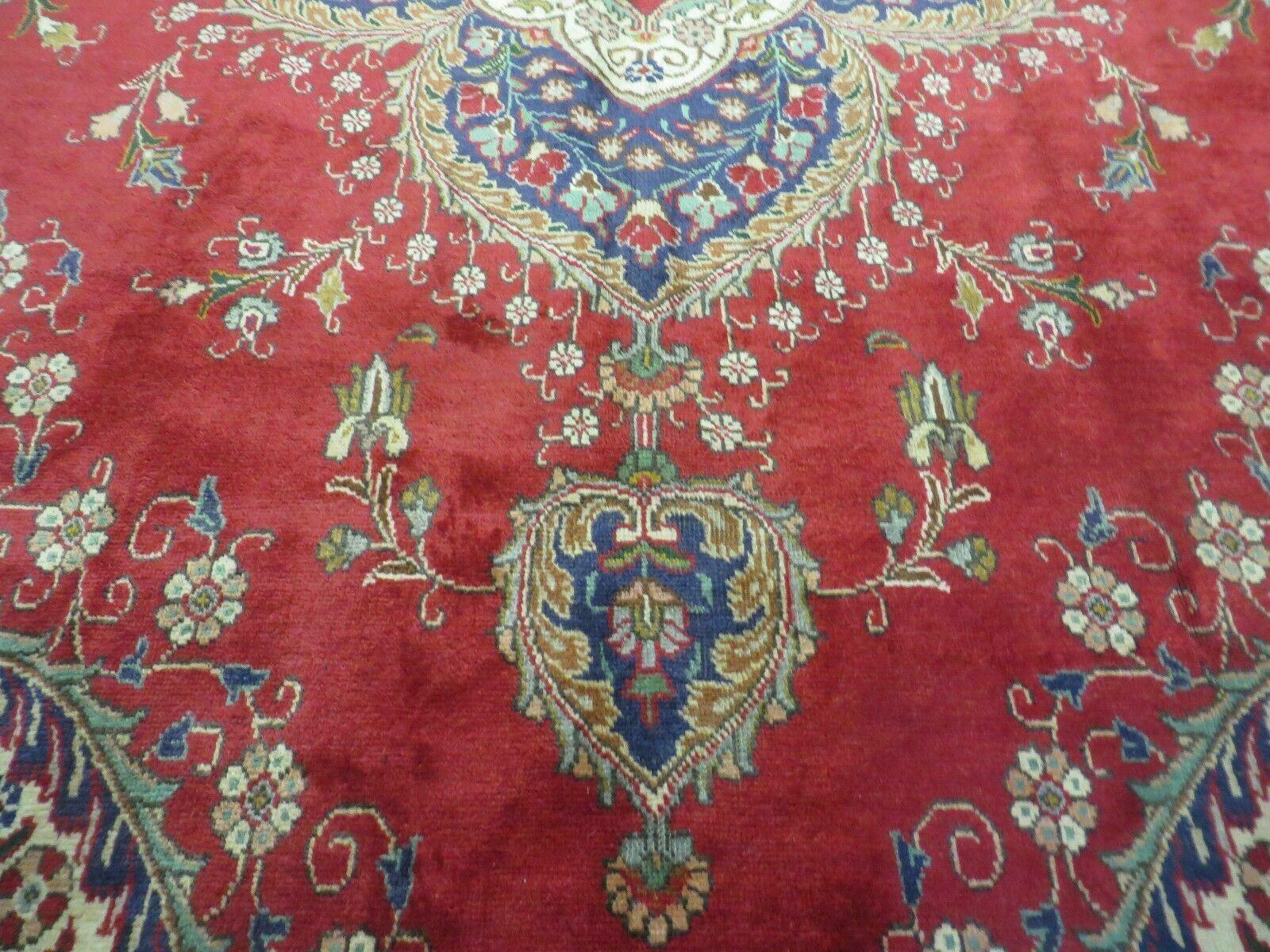 Persian Tabriz Rug 9x13 - Red Blue and Cream Rug - Floral Medallion Rug - Semi Open Field - Hand Knotted Rug - Antique Rug 9 x 13 Vintage Wool Rug - Jewel Rugs