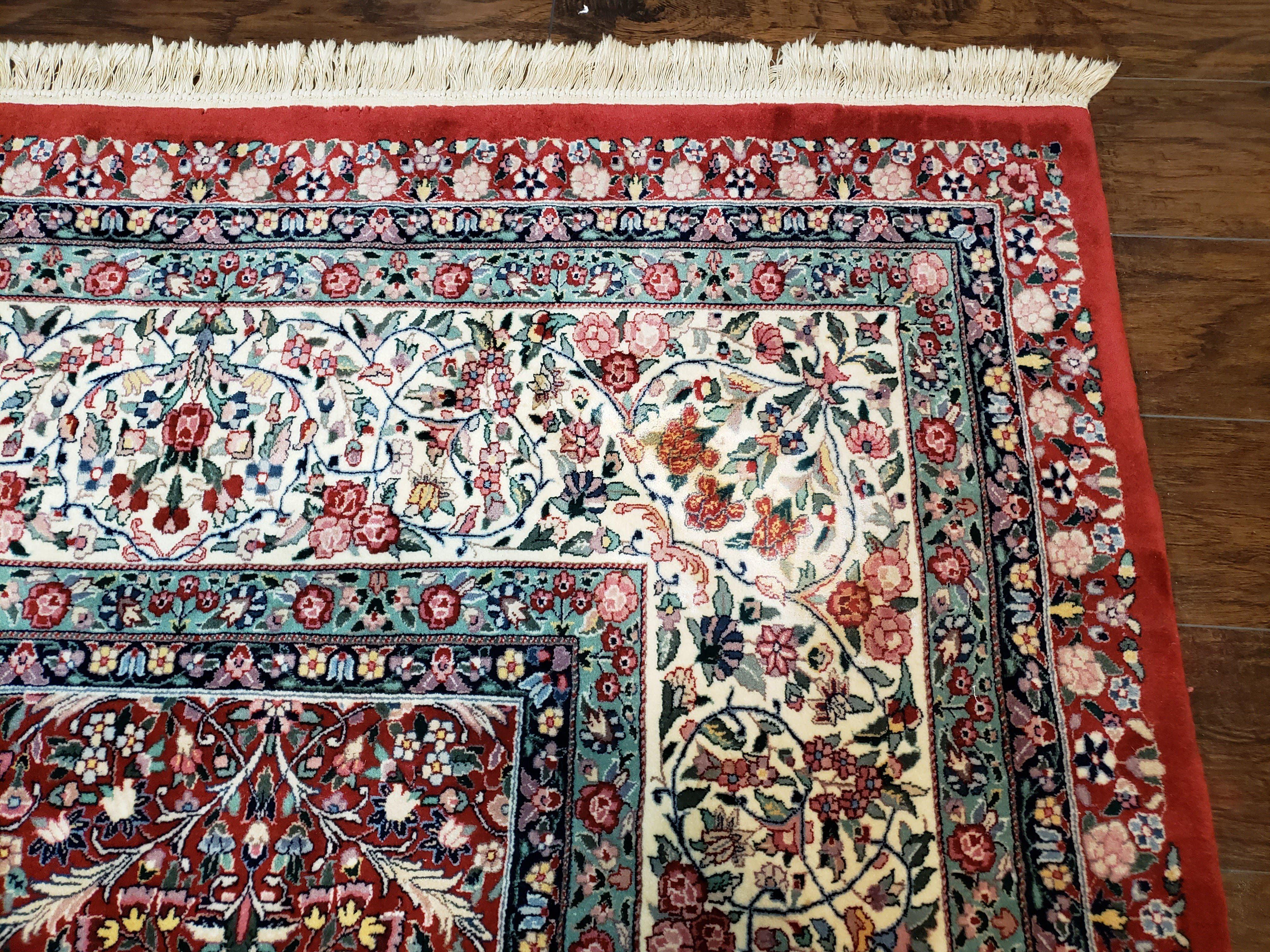Oversized Pak Persian Rug 11x15, Large Wool Palace Carpet, Red and Ivory, Millefleur Allover Floral Pattern, Vintage Handmade Oriental Rug - Jewel Rugs