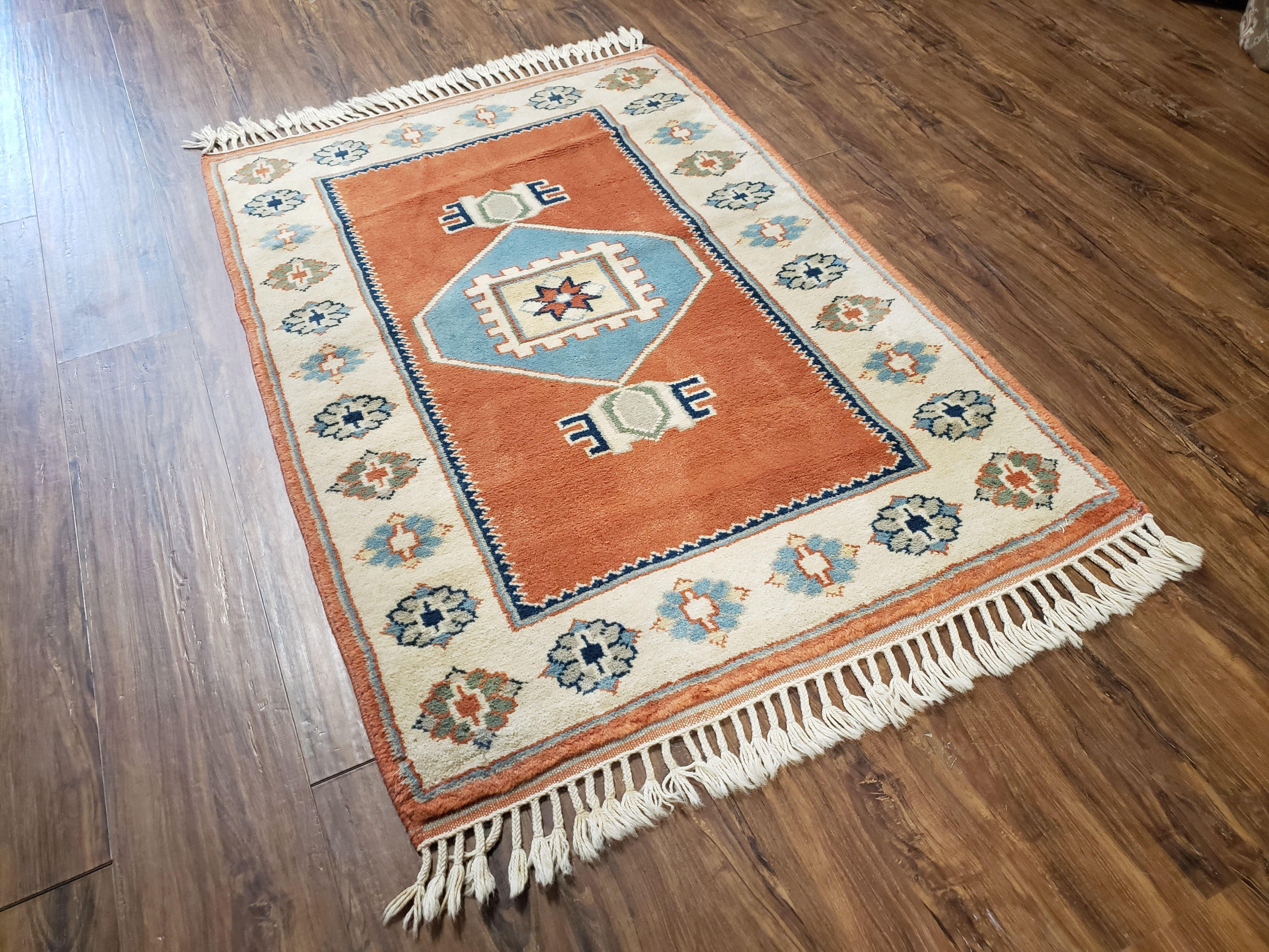 3x5 Handmade Vintage Turkish Area Rug Wool Kazak Carpet 3'1"x4'5" Red Beige - Jewel Rugs