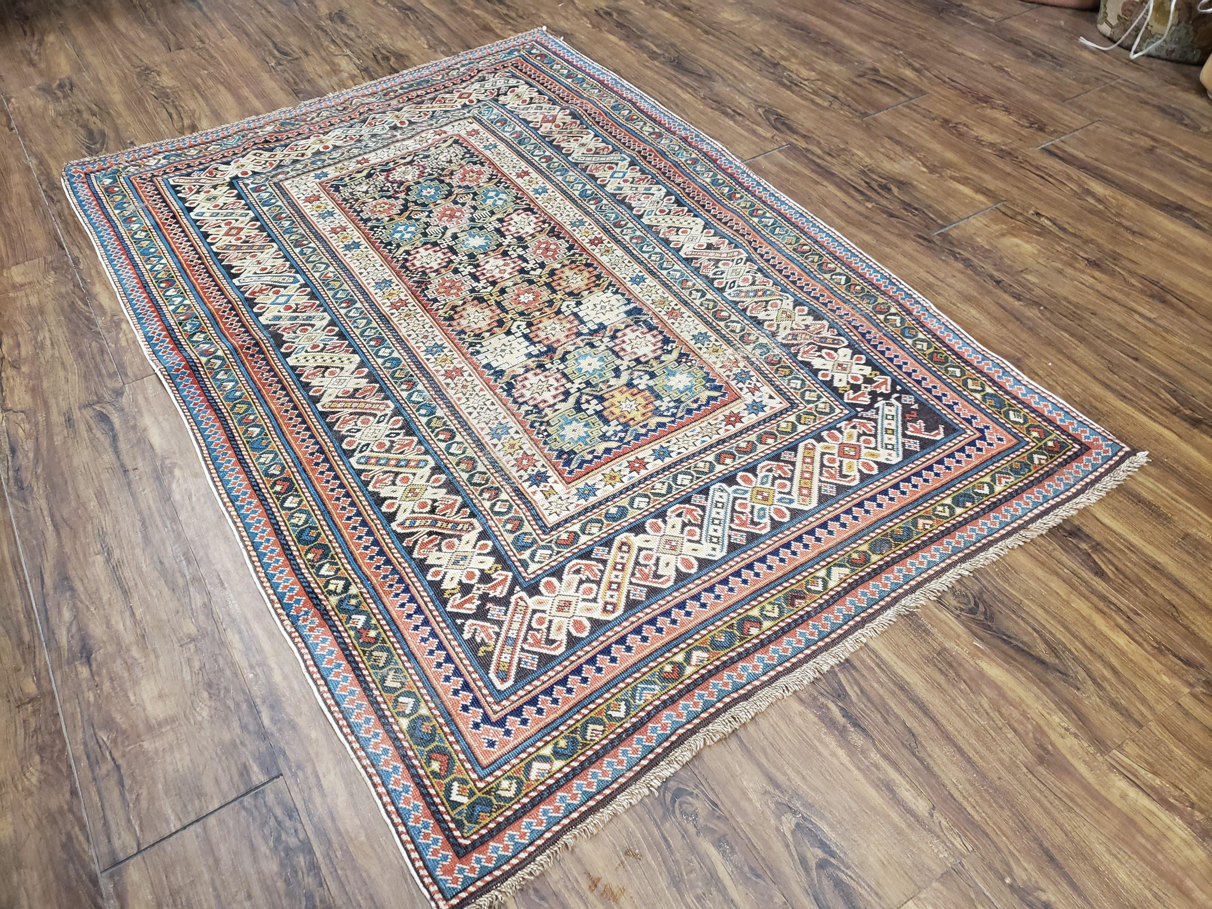 Caucasian Rug 3'9" x 5'7", Antique 1920s Collectible Caucasian Chi Chi Carpet, Hand Knotted, Colorful, Dark Blue Cream Red, Wool, Small Rug - Jewel Rugs