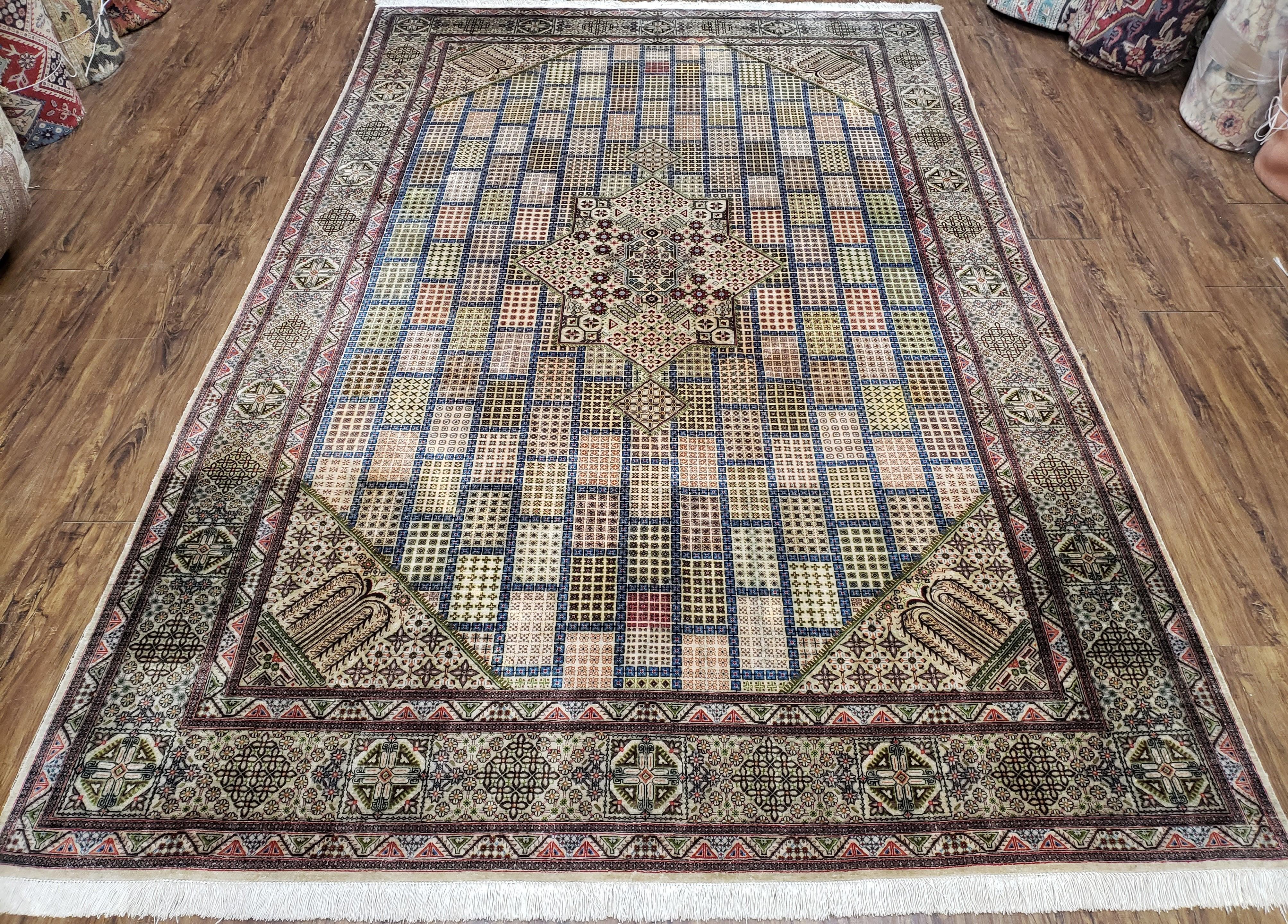 Sino Persian Silk Rug 6.4 x 9.9, Very Fine Hand Knotted Carpet, Panel Design Multicolor, Silk Pile on Silk Foundation, Handmade Vintage - Jewel Rugs