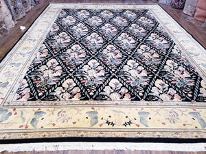 Black Kirman Rug, 8x11 - 9x12 Rug, Sino-Persian Rug, Floral Oriental Carpet, Handmade Rug, Black and Ivory Rug, Room Sized Area Rug, Wool - Jewel Rugs