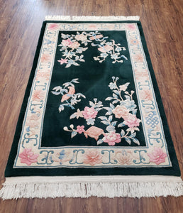 Vintage Chinese Art Deco Area Rug 3x5 - 4x6 ft, Wool Hand-Knotted Asian Oriental Carpet, Green & Ivory 90 Line Floral Rug, Next to Bed Rug - Jewel Rugs