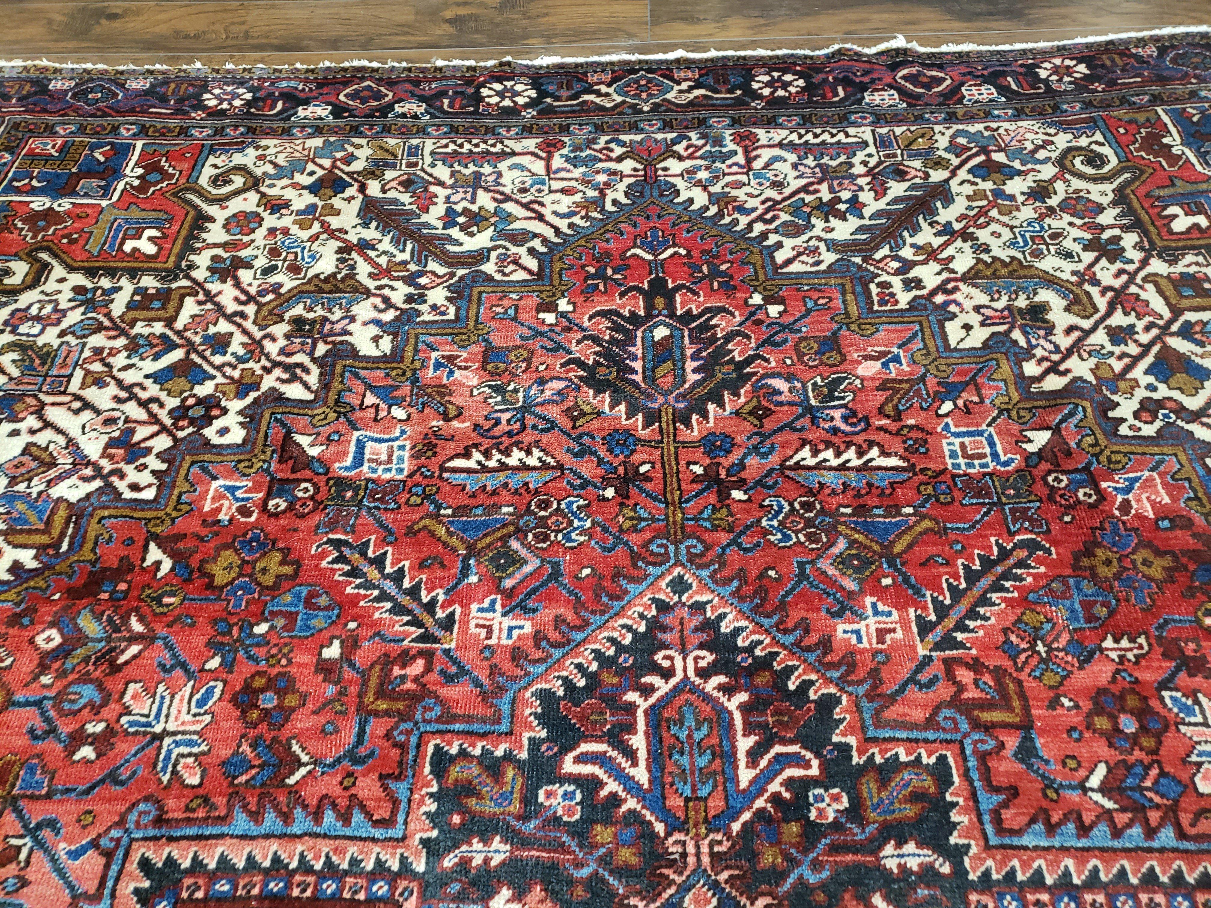 Antique Persian Heriz Rug, Hand-Knotted, Wool, Red Cream Dark Blue, 9' x 11' 10" - Jewel Rugs