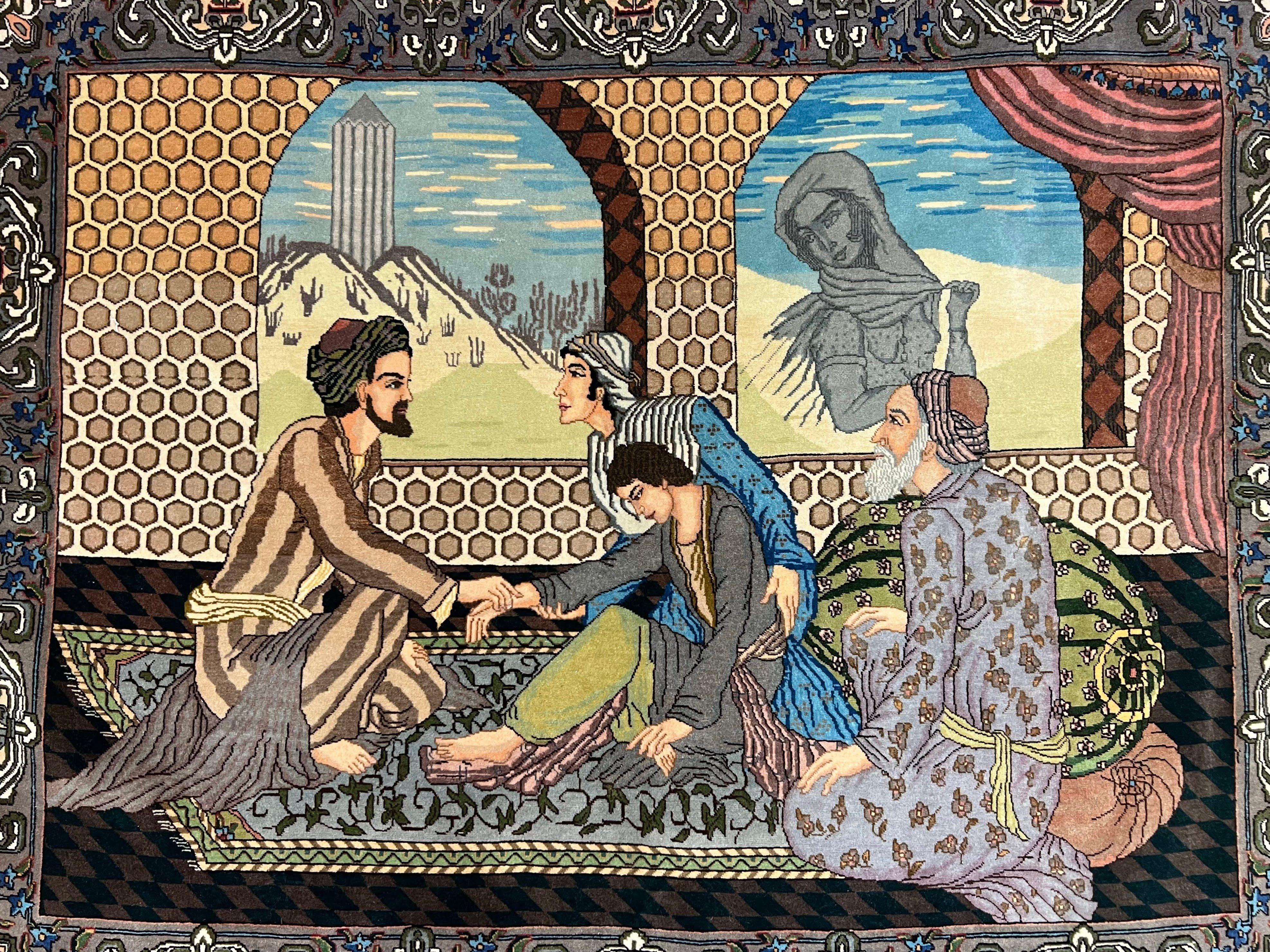 Persian Tabriz Pictorial Rug 4.8 x 3.8, Horizontal Oriental Carpet for Hanging on Wall, Hand Knotted Wool Vintage Fine Carpet, Doctor and Patients - Jewel Rugs