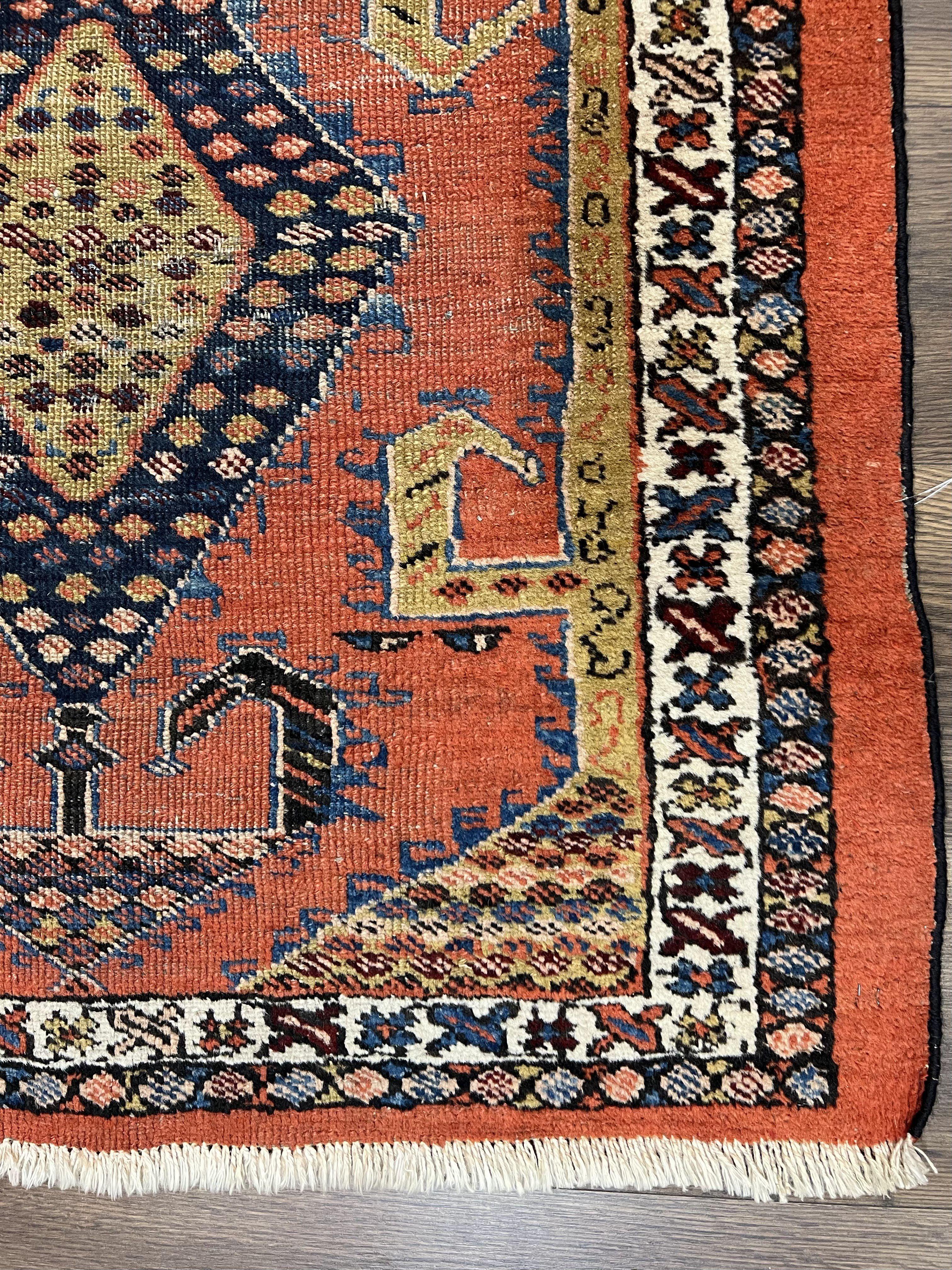 Rare Persian Tribal Runner Rug 3 x 11, Sarab Serab Persian Runner, Antique 1920s Collectible Geometric Medallions Oriental Wool Runner, Hand Knotted, Bright Orange-Red - Jewel Rugs