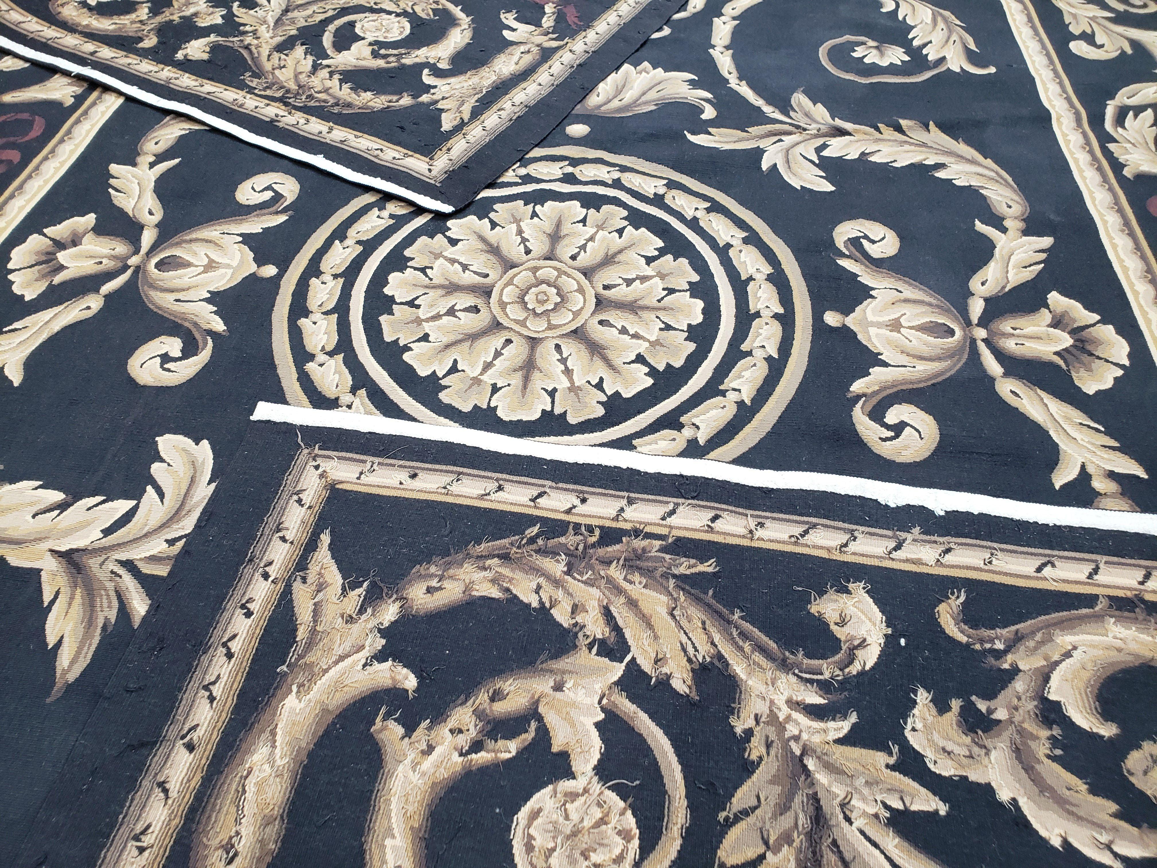 Black and Tan Aubusson Rug, 10 x 14 Aubusson Carpet, New Aubusson Rug, Elegant, Wool, Handmade Area Rug, Flatweave Rug, Large Aubusson Rug - Jewel Rugs