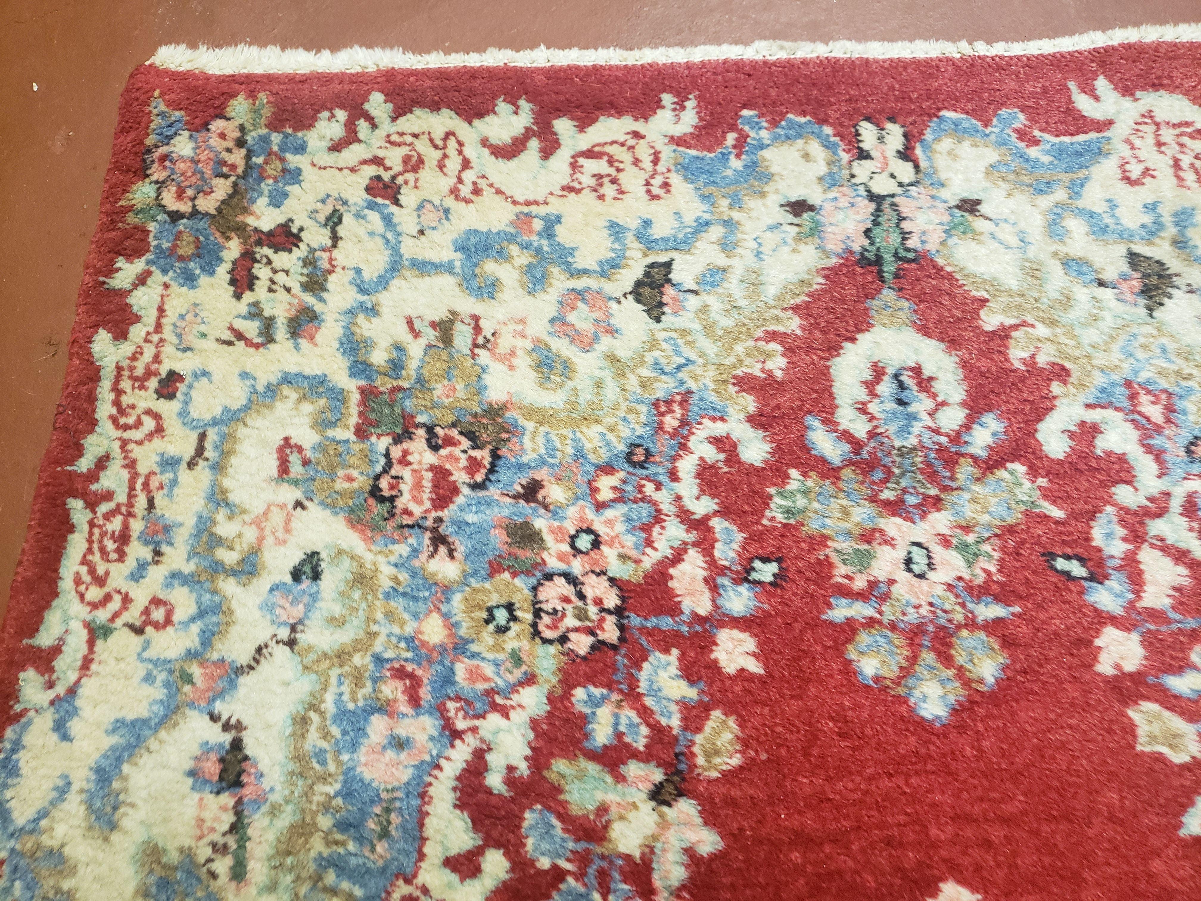 3x5 Persian Kirman Rug, Oriental Persian Carpet 3 x 5, Wool Vintage Hand-Knotted Rug, Floral Medallion, Open Field, Small Rug, Red Beige Light Blue - Jewel Rugs