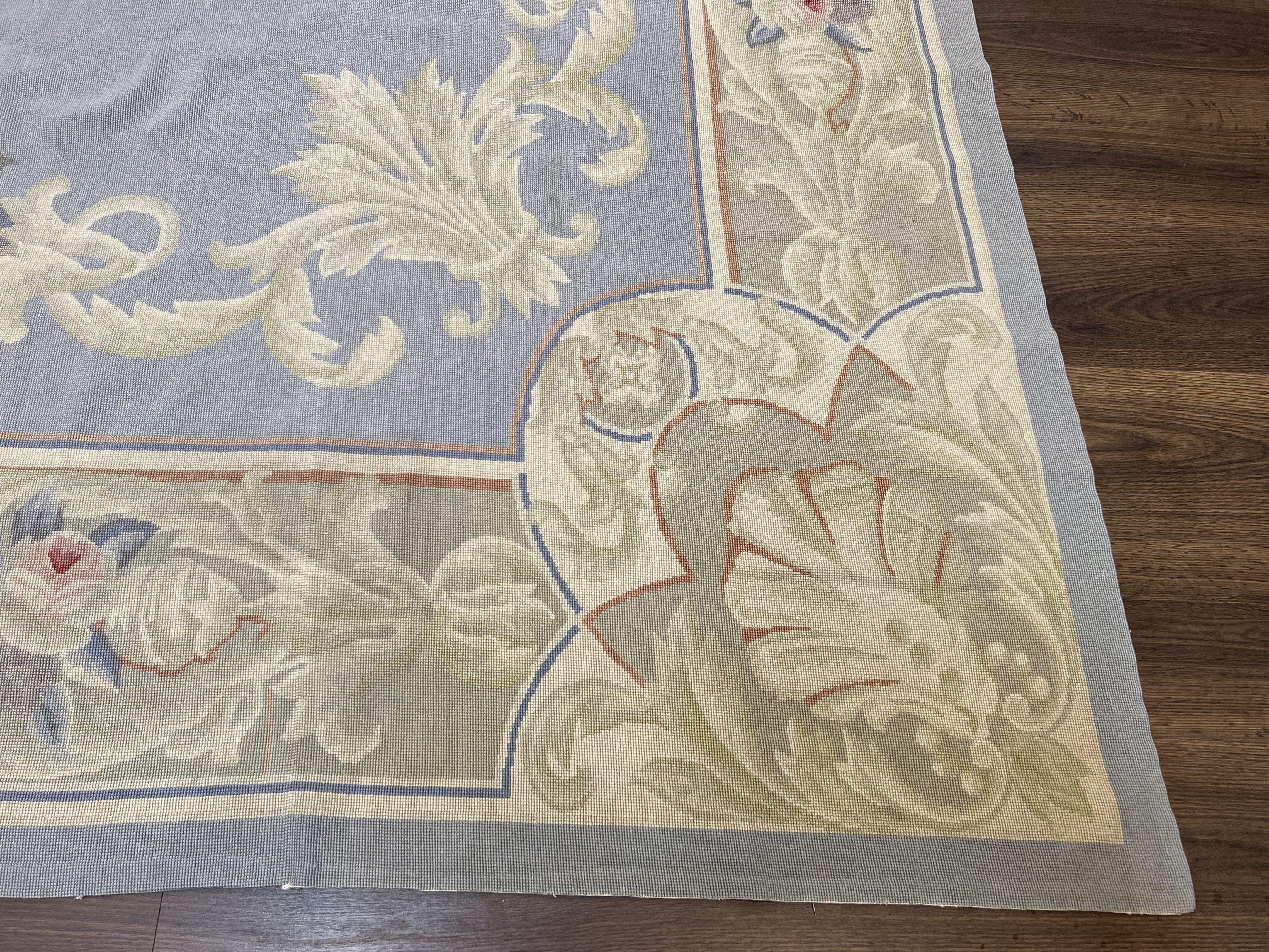 Aubusson Needlepoint Rug 8' 6" x 11' 6", Elegant French Aubusson Design Carpet, Vintage Savonnerie Flatpile Wool Floral Rug Light Blue Beige - Jewel Rugs